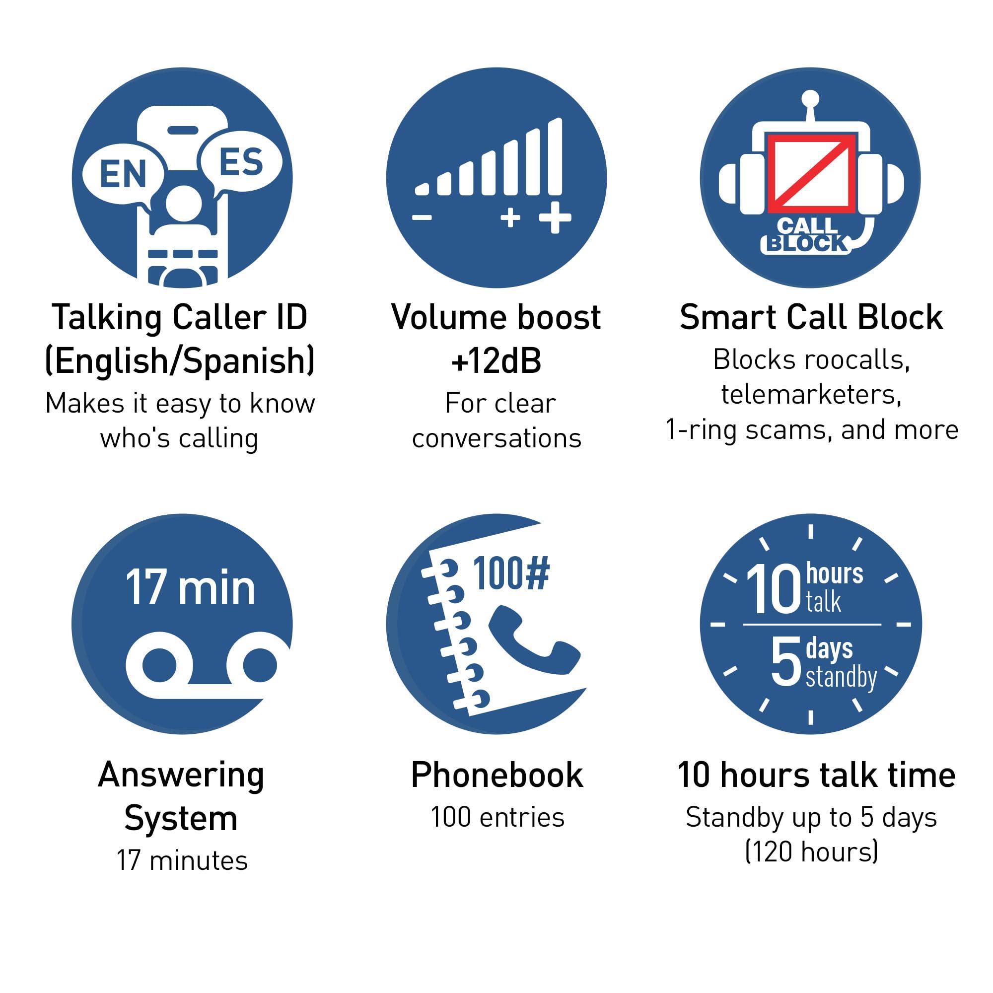 Panasonic Cordless Phone, Easy to Use with Large Display and Big Buttons, Flashing Favorites Key, Built in Flashlight, Call Block, Volume Boost, Talking Caller ID, 2 Cordless Handsets - KX-TGU433B - Image 6
