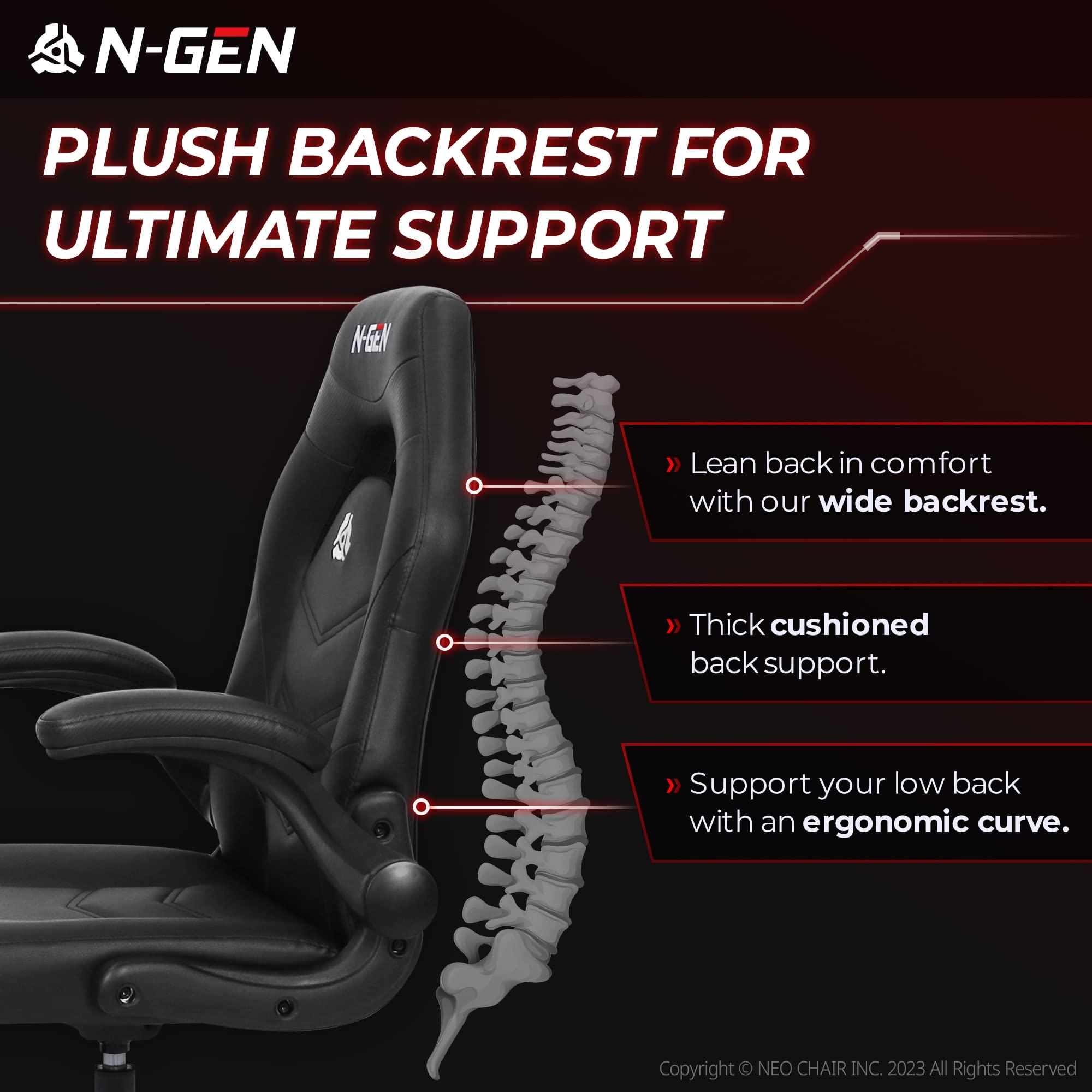 N-GEN Video Gaming Chair Ergonomic Computer Desk Office Chair with Lumbar Support Adjustable Height Swivel Wheels Flip-Up Arms PU Leather Home and Office (Black) - Image 4