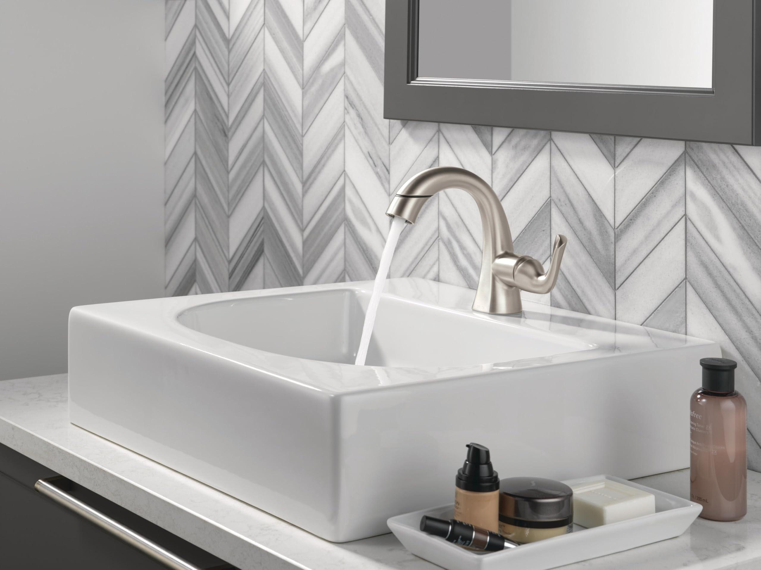 Delta Arvo 1 Hole Pull Down Bathroom Faucet with Sprayer, Brushed Nickel Single Hole Bathroom Sink Faucet with Pull Out Sprayer for Vanity, Push-Pop Drain, SpotShield Stainless 15840LF-SPPD - Image 2