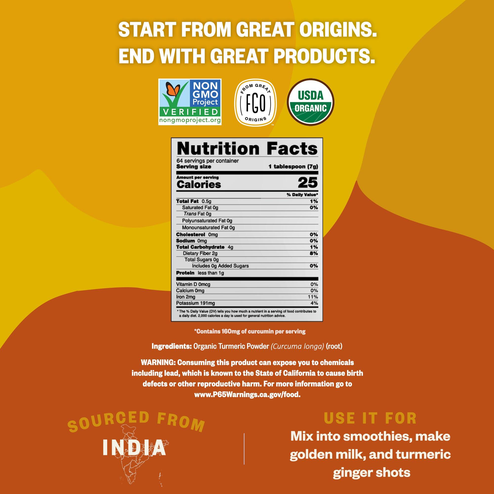 FGO Organic Turmeric Powder w/Curcumin, 1 Pound / 16oz Bulk Resealable Pouch, USDA Organic and Non-GMO, Sourced from India, Packaging May Vary (Pack of 1) - Image 4
