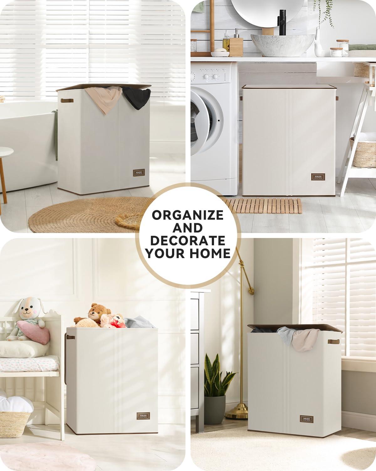 SOLEDI Luxury Double Laundry Hamper with Lid and Removable Bags, Large Hamper for Laundry, Laundry Basket 2 Sections, Collapsible Ditry Clothes Hamper for Bedroom, Laundry Room, Bathroom, Off-white - Image 6