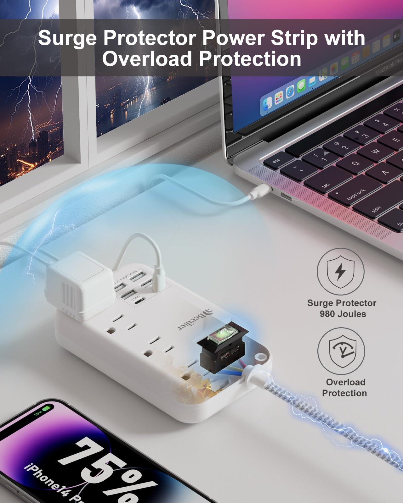 6 USB(2 USB C) Surge Protector Power Strip- 5Ft Travel Power Strip with 4.8A USB Charging Station and 4 Extendable Outlet, 13A Flat Plug Braided Extension Cord with Wall Mount for Travel Office Dorm - Image 5