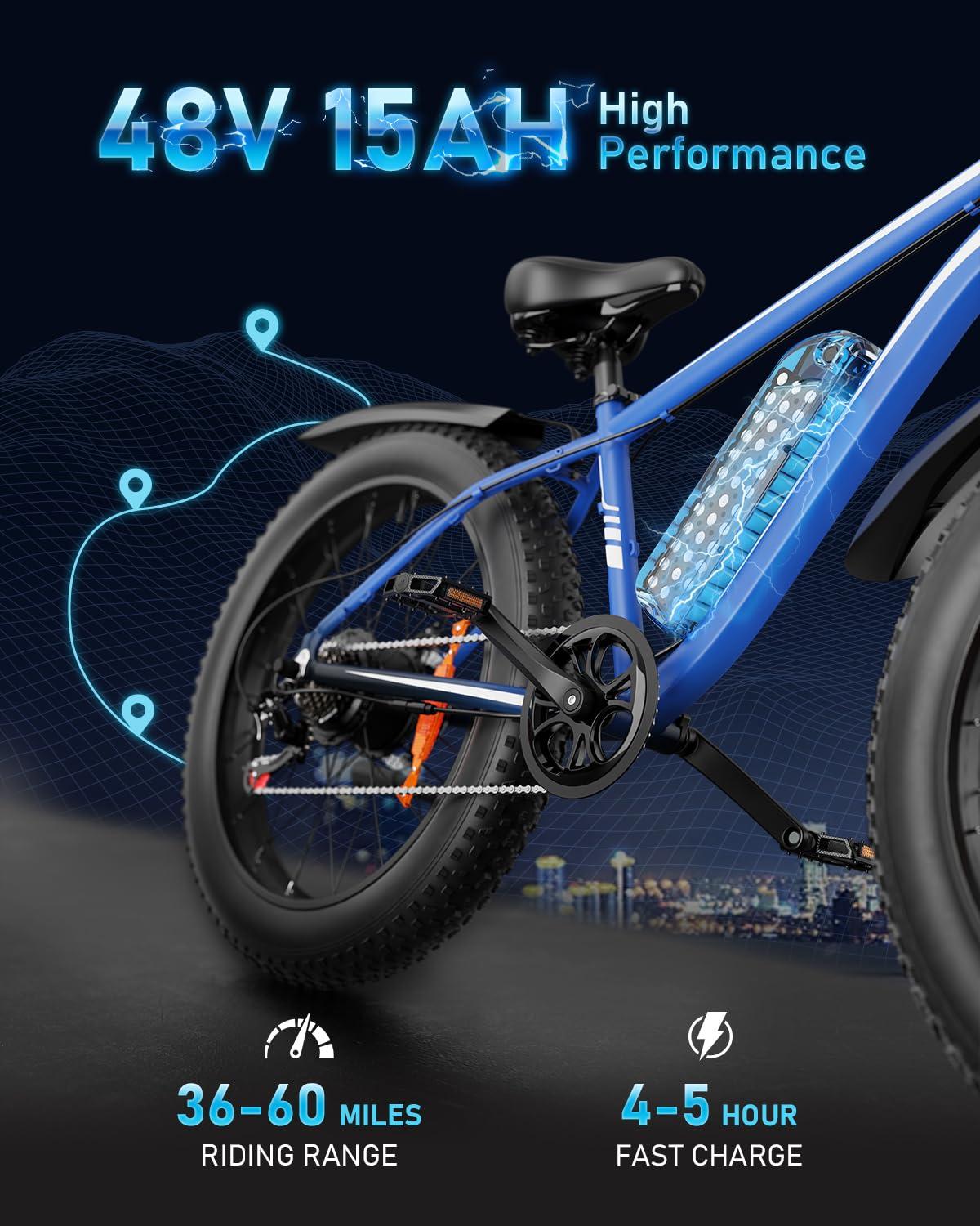 AMYET EB26 Electric Bike for Adults Peak 1500W Electric Bicycle 48V 15AH (720WH) Battery Electric Bike 26" Fat Tire Mountain 28mph 7 Speed Gears Ebike - Image 3