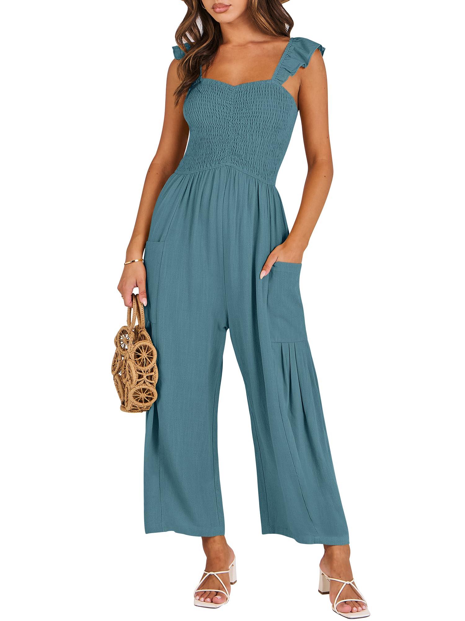 ANRABESS Women Summer Casual Dressy Sleeveless Smocked Wide Leg Linen Jumpsuits Rompers 2025 Trendy Travel Outfit Pocket