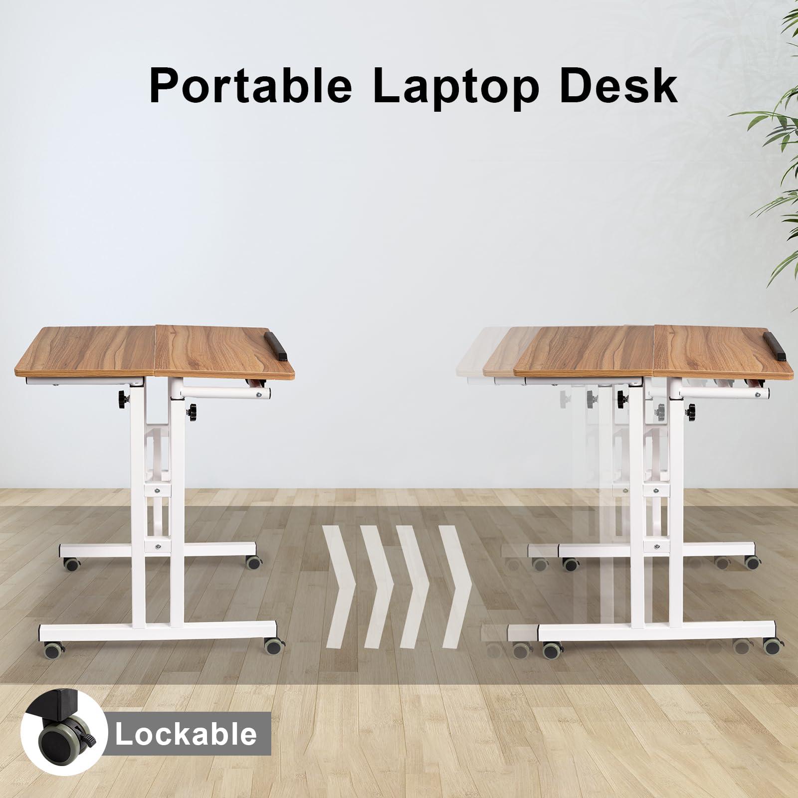 Hadulcet Mobile Standing Desk with Charging Station, Adjustable Computer Desk, Laptop Cart with Wheels for Home Office, Classroom - Vintage Oak - Image 5