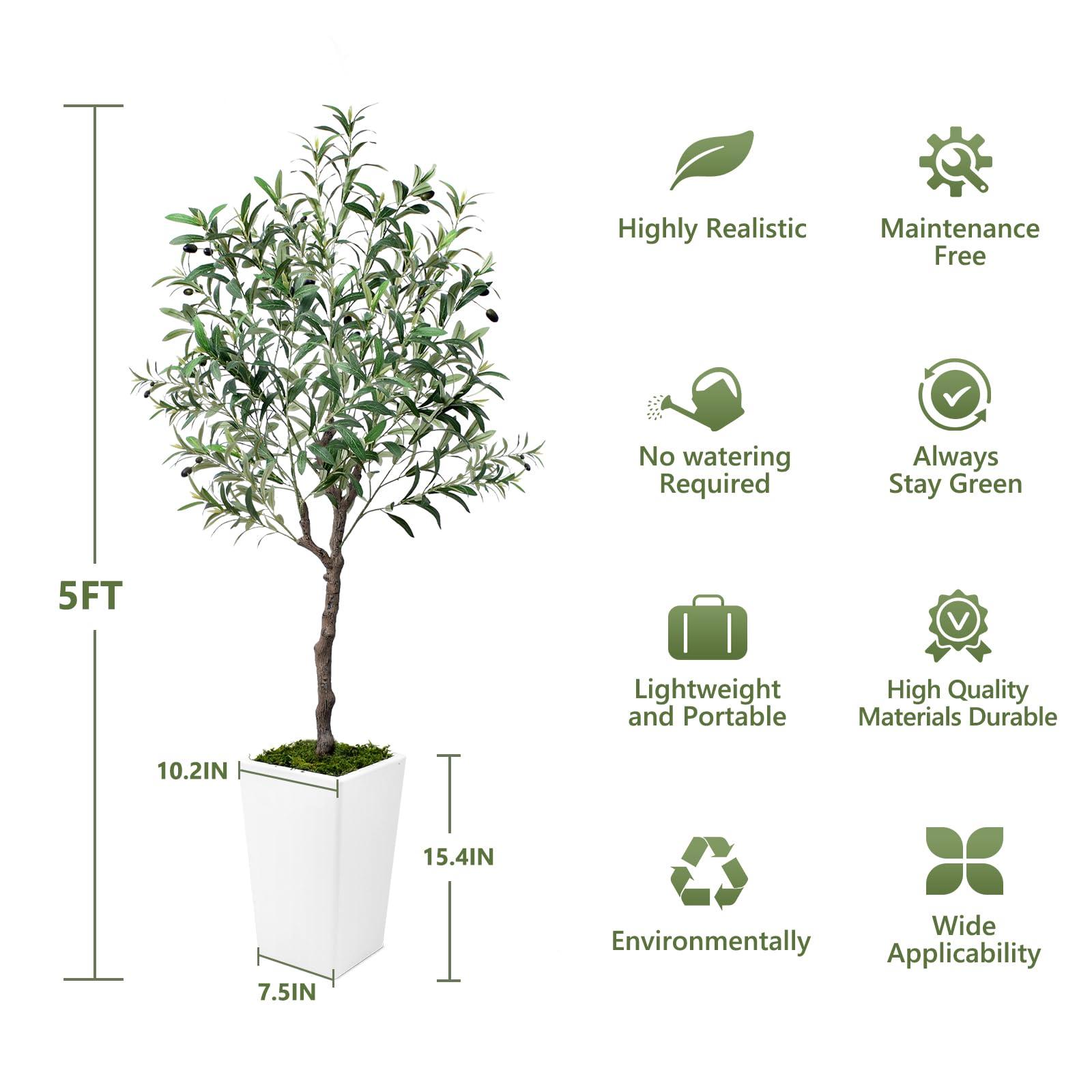 Olive Trees Artificial Indoor 5ft, Tall Faux Silk Plant with Pot, Realistic Leaves and Natural Wood Trunk Fake Trees with Lifelike Fruits for Home Office Decor Bedroom Livingroom Entryway Housewarming - Image 2
