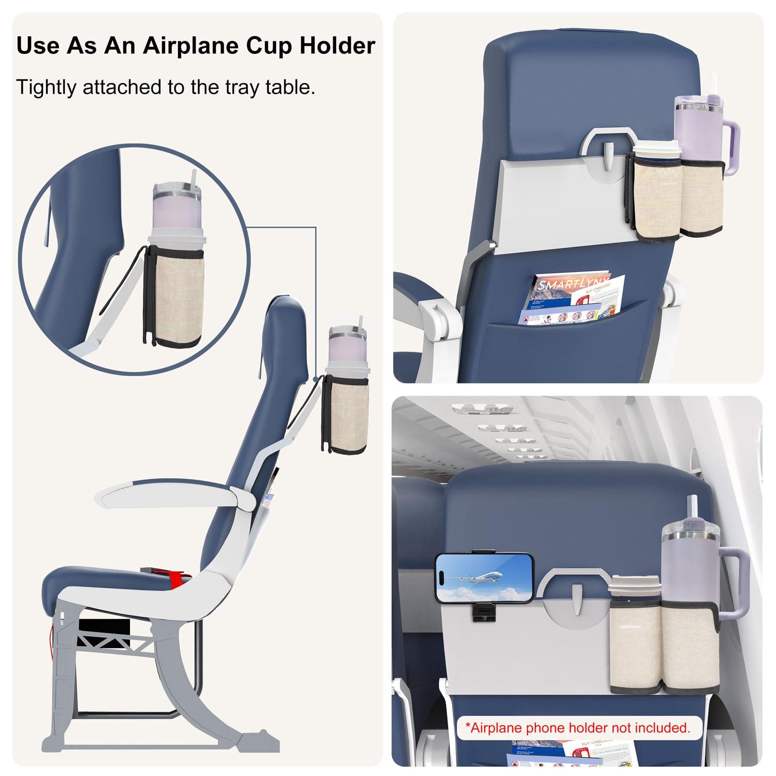LebenHaus 2 in 1 Luggage Cup Holder for Suitcase|Airplane Tray Table Carry on Hands Free Drink Carrier for Stanley Tumblers Coffee Beverage Organizer Gifts for Travelers(Off-White) - Image 2