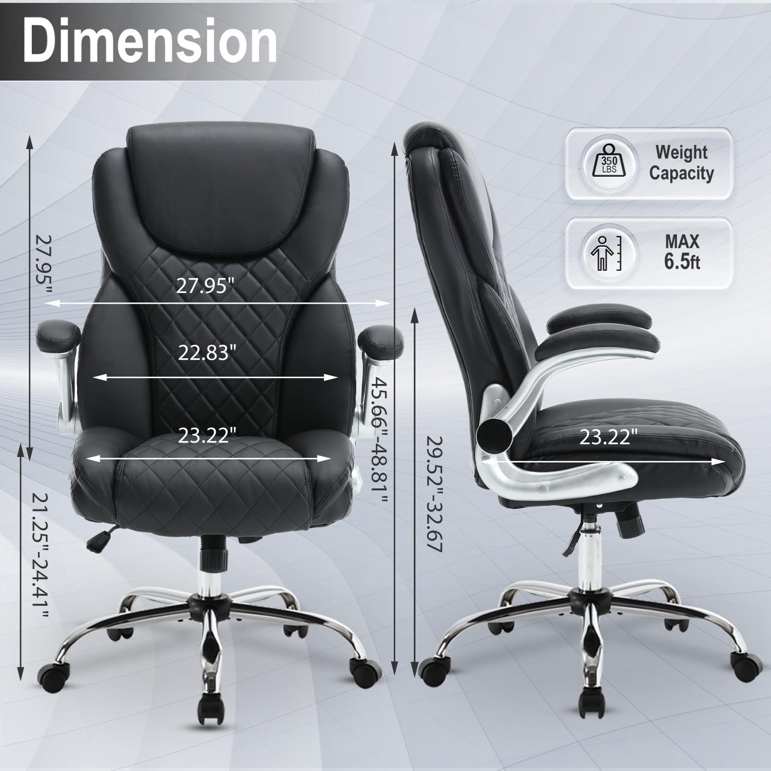 REFICCER Executive Office Chair, High Back Faux Leather Ergonomic Office Desk Chairs with Wheels, 90-120° Rocking Managerial Swivel Home Computer Chairs with Flip up Arms Lumbar Support(Black) - Image 3