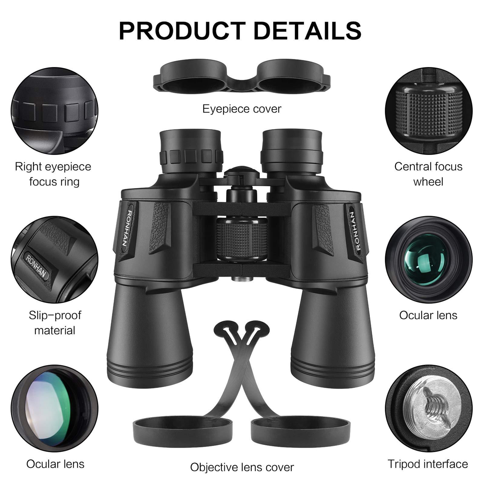 RONHAN Binoculars for Adults High Powered, Military Compact HD Professional/Daily Waterproof 20x50 Binoculars for Bird Watching Travel Hunting Football Games Stargazing with Carrying Case & Strap - Image 4