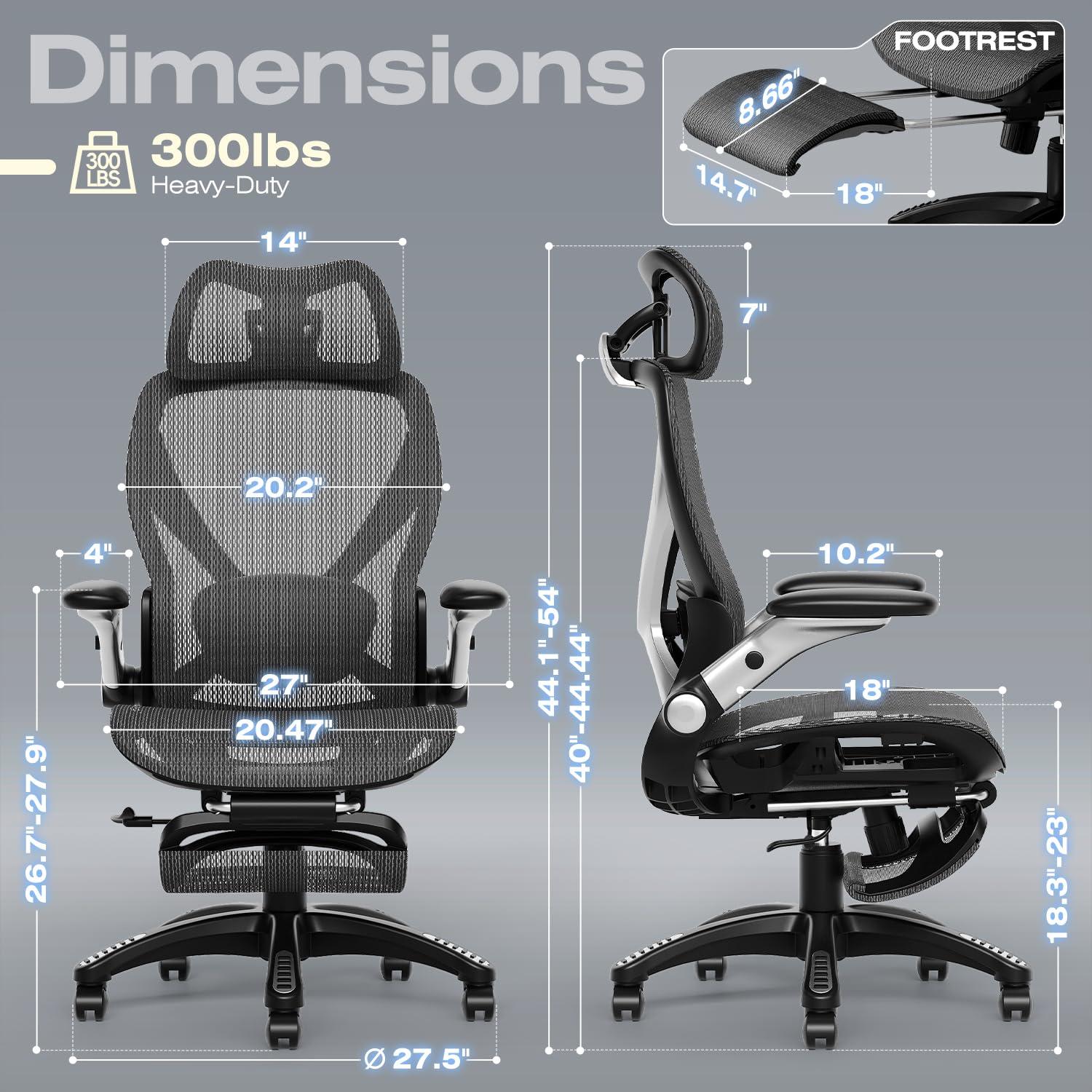 ELABEST X100 Ergonomic Office Chair with Footrest, Big and Tall Home Desk Chair with 5D Flip-Up Arms, Adjustable 3D Adaptive Lumbar Support,High Back Rolling Computer Chair, Swivel Gaming Mesh Chairs - Image 2