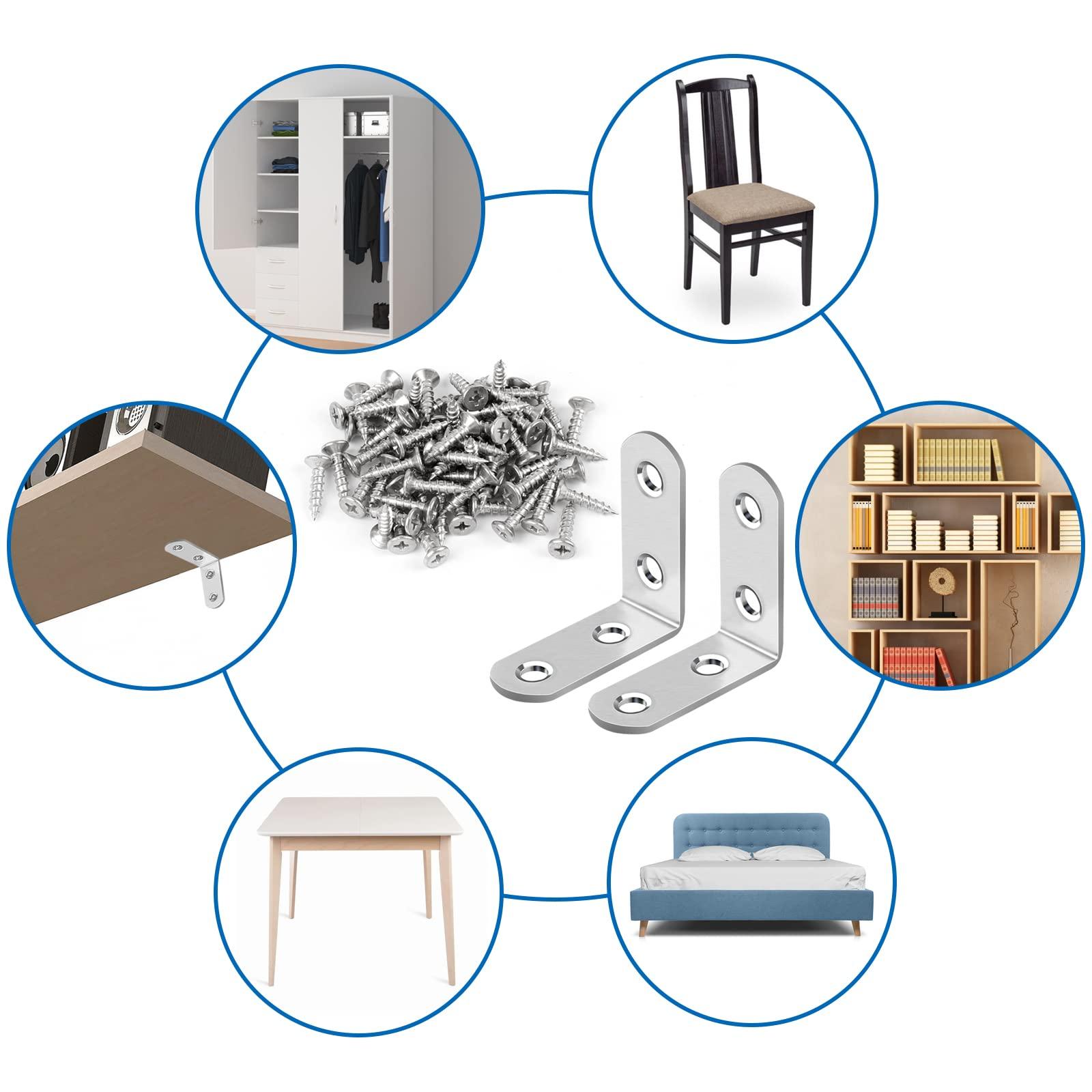 16 Pcs L Bracket Stainless Steel Corner Brace Sets, 90 Degree Right Angle Brackets with 64 Pcs Screws, L Bracket Firmware for Wooden Shelves, Chairs, Tables, Dressers, Furniture (Silver) - Image 6