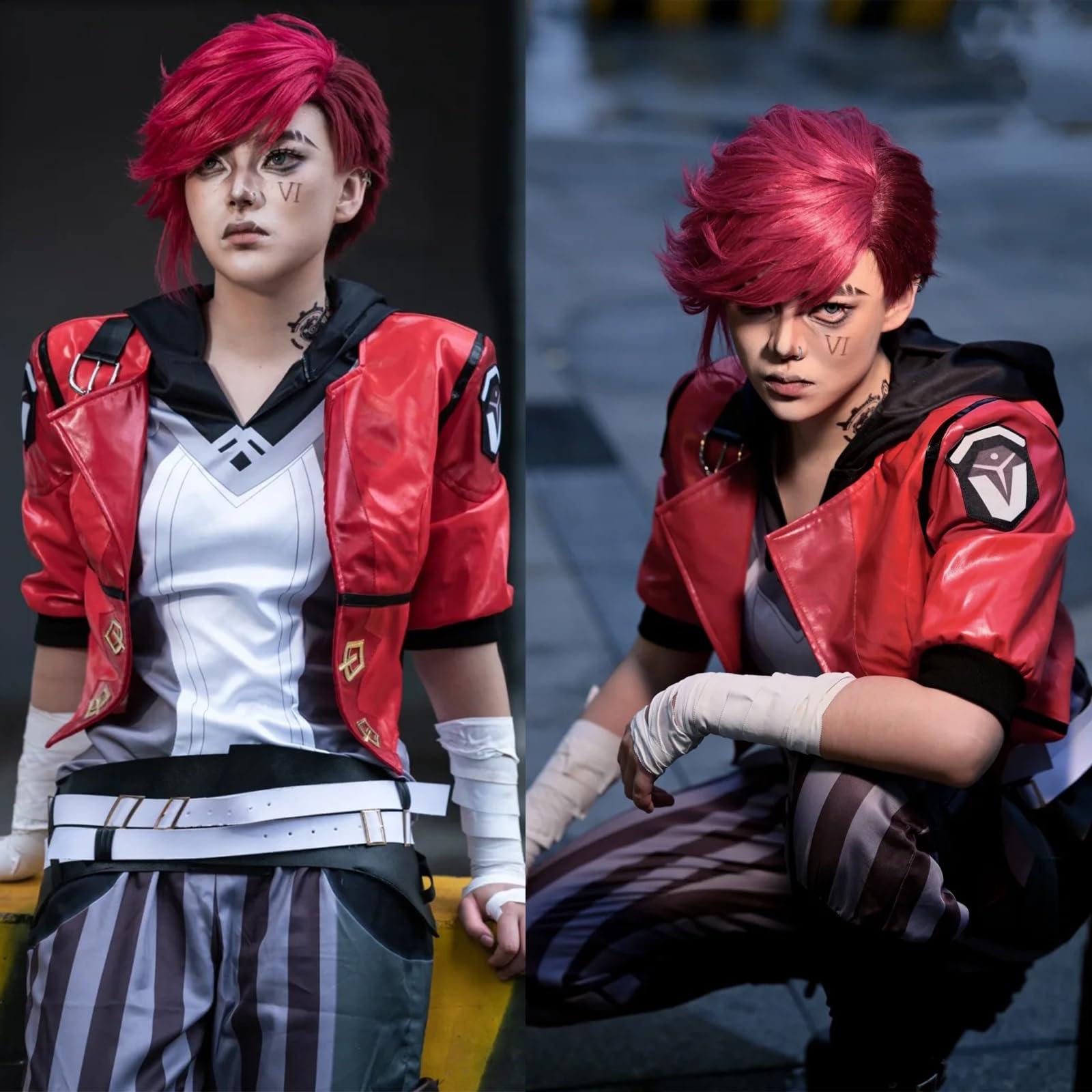 Women's Red Leather Anime Cosplay Jacket Full Set with Gradient Wig - Image 5