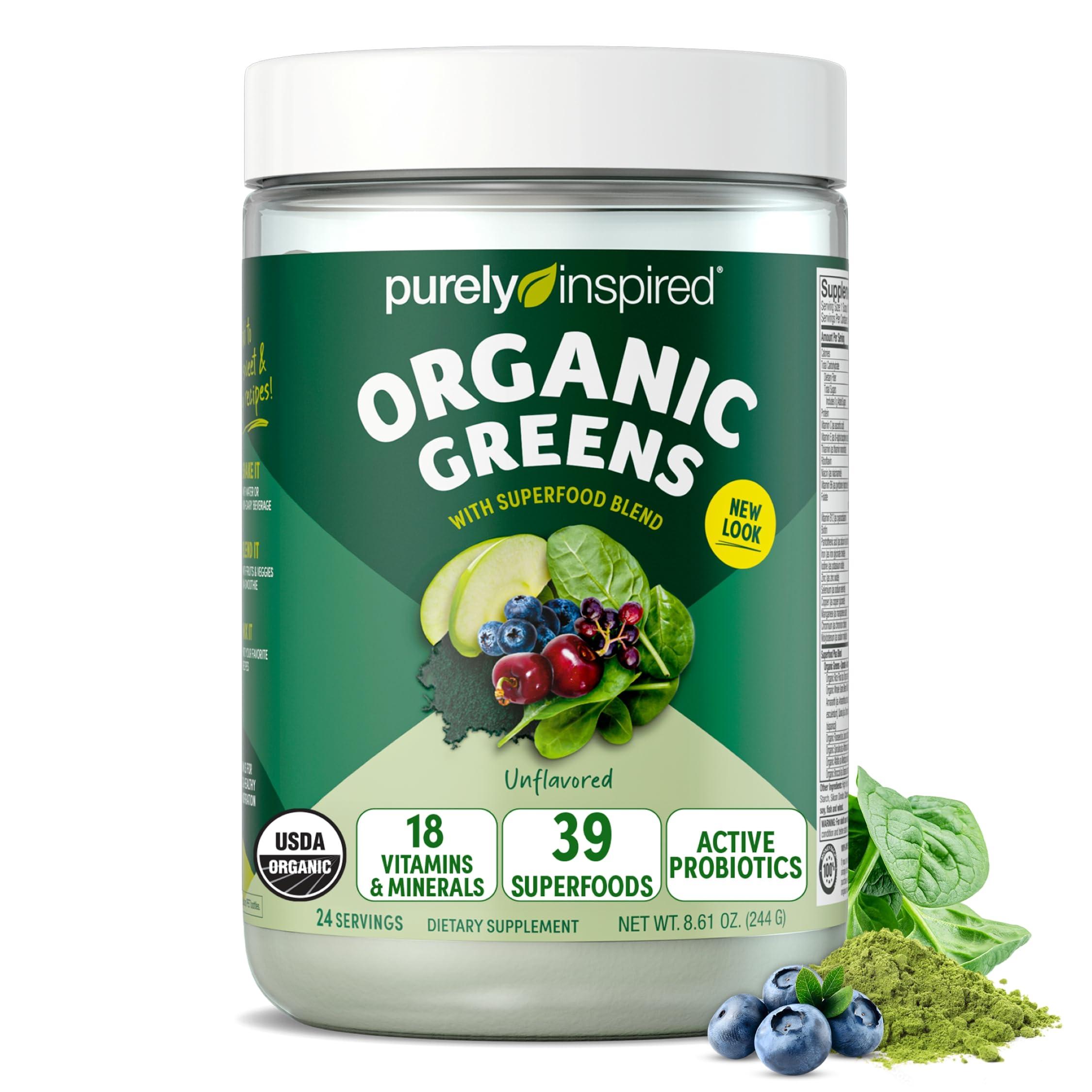 Purely Inspired Organic Green Powder Smoothie Mix, Unflavored (24 Servings) - Probiotics for Digestive Health with Spirulina & Chlorella for Gut Health - Vegan & Gluten-Free