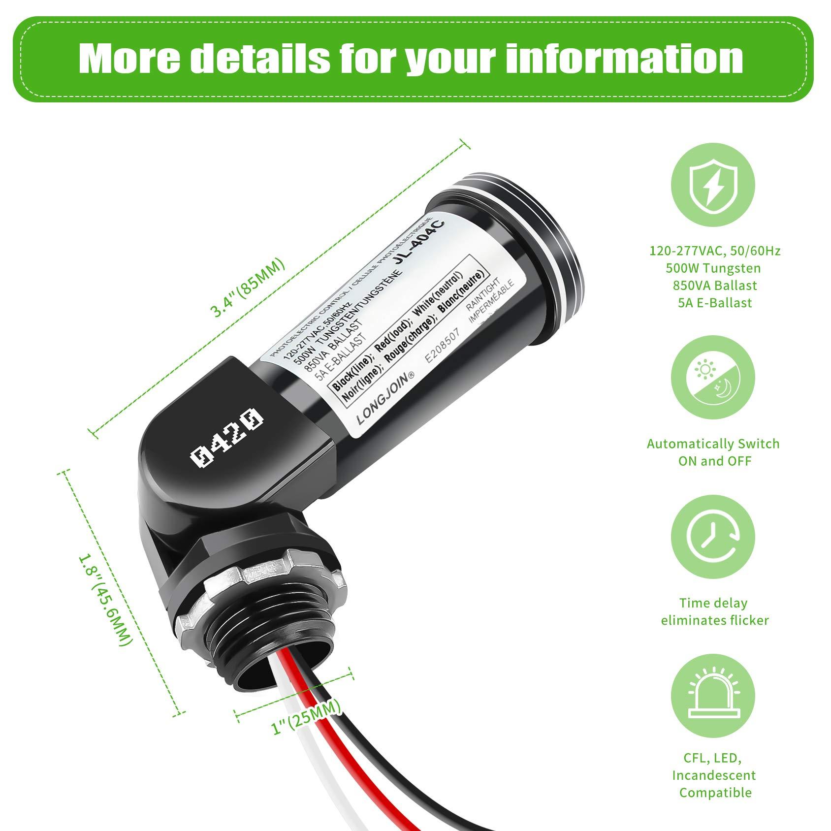 2-Pack, Dusk to Dawn/Day Night Sensor, Photoelectric Switch, Photo Cell Sensor, 110V/120V/220V/240V Input, UL Listed, IP65 Water-Resistant, Photocell for Outdoor Light - Image 7