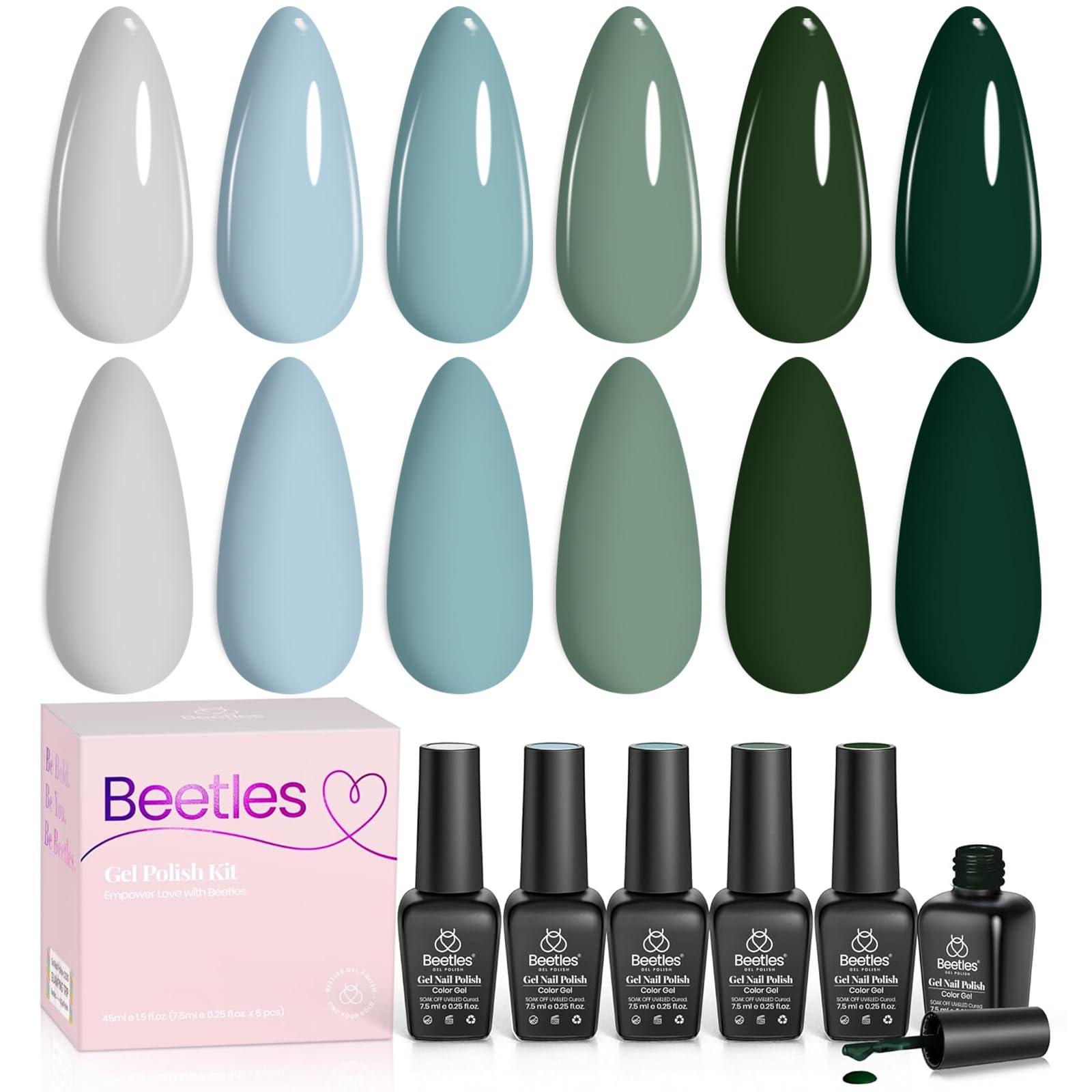 Beetles Green Gel Nail Polish Set, 6 Colors Dark Green Gray Blue Baby Blue Color Gel Nail Polish Misty Soak Off DIY Home Uv Nails Gifts for Women Girls
