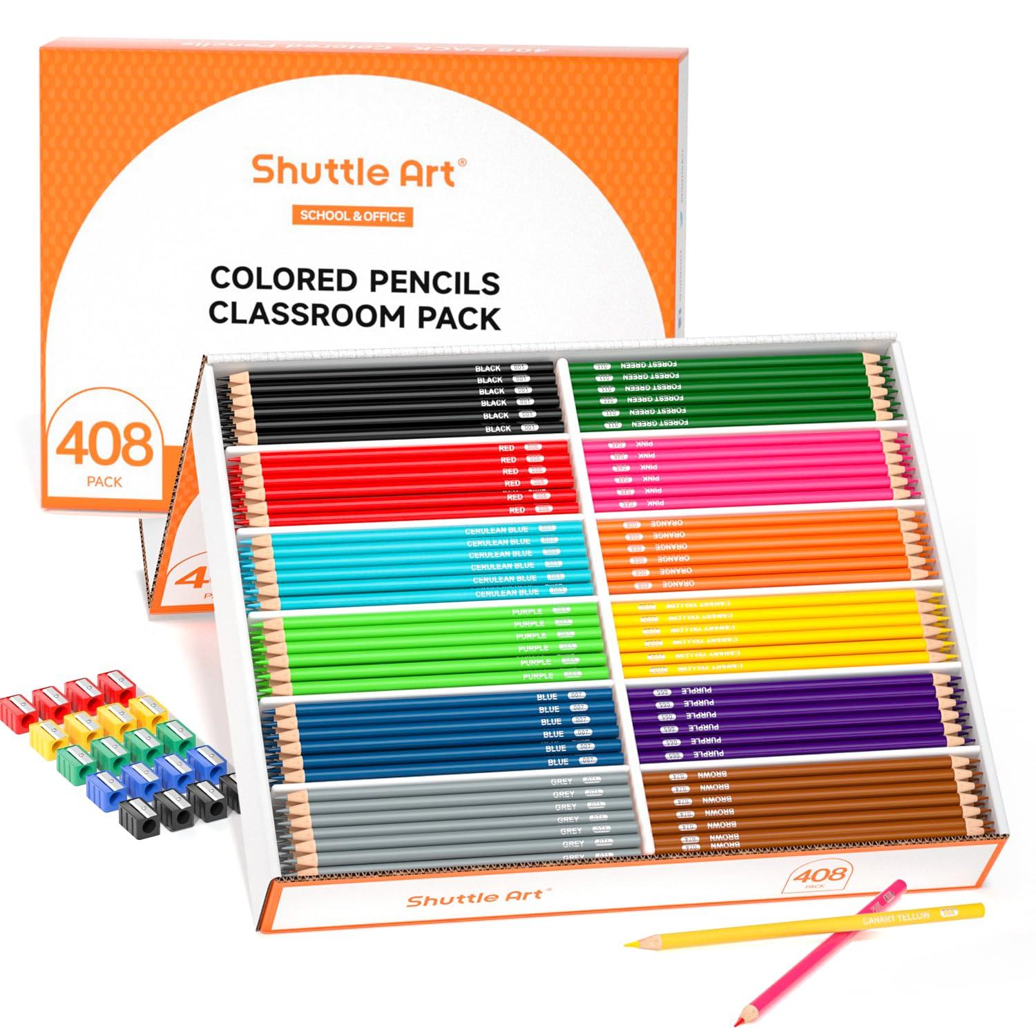 Shuttle Art Colored Pencils Bulk, 408 Pack Coloring Pencil Set Plus 20 Sharpeners, 12 Assorted Colors, Classroom Pack School Supplies