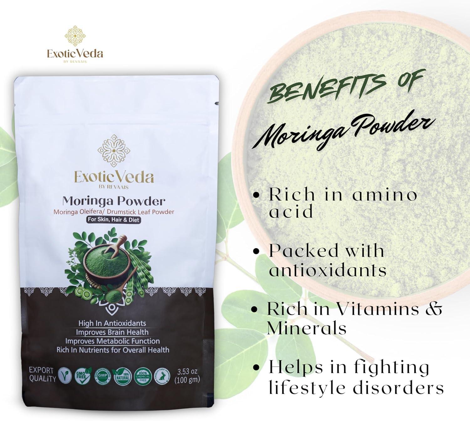 Exotic Veda Premium Quality Moringa Powder (100g/3.52Oz) - 100% Pure, Vegan, Gluten-Free, Non-GMO - Suitable for Smoothies, Baking, Cooking, and Homemade Skincare - Image 7
