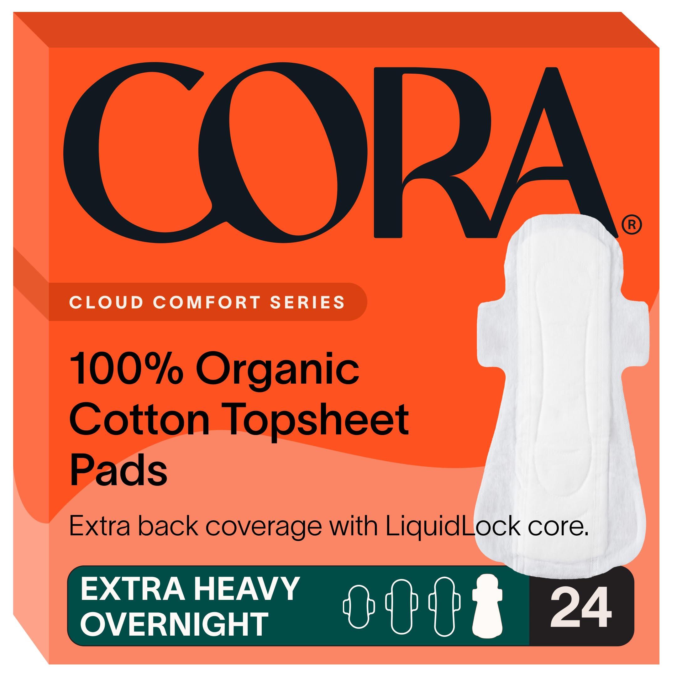 Cora 100% Organic Cotton Topsheet Pad | Ultra Thin Period Pads with Wings | Extra Heavy Overnight Absorbency | Unscented Ultra-Absorbent Sanitary Pads for Women (24 Count)