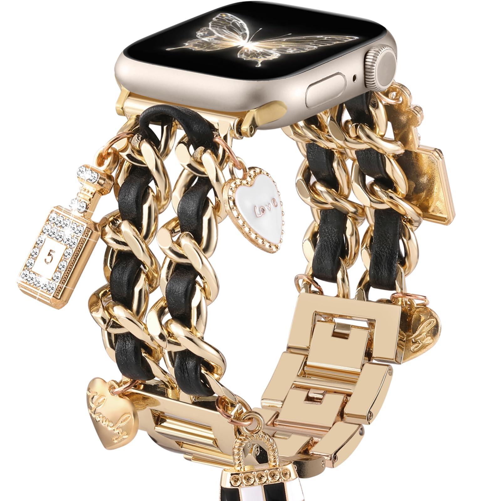 Stylish Metal Band Compatible with Apple Watch Bands for Women 40mm 38mm 41mm 44mm 42mm 45mm 46mm,Pretty Chain Strap with Apple Watch Accessories Charms for iWatch Bands Series 10 9 8 7 6 5 4 3 2 1 SE
