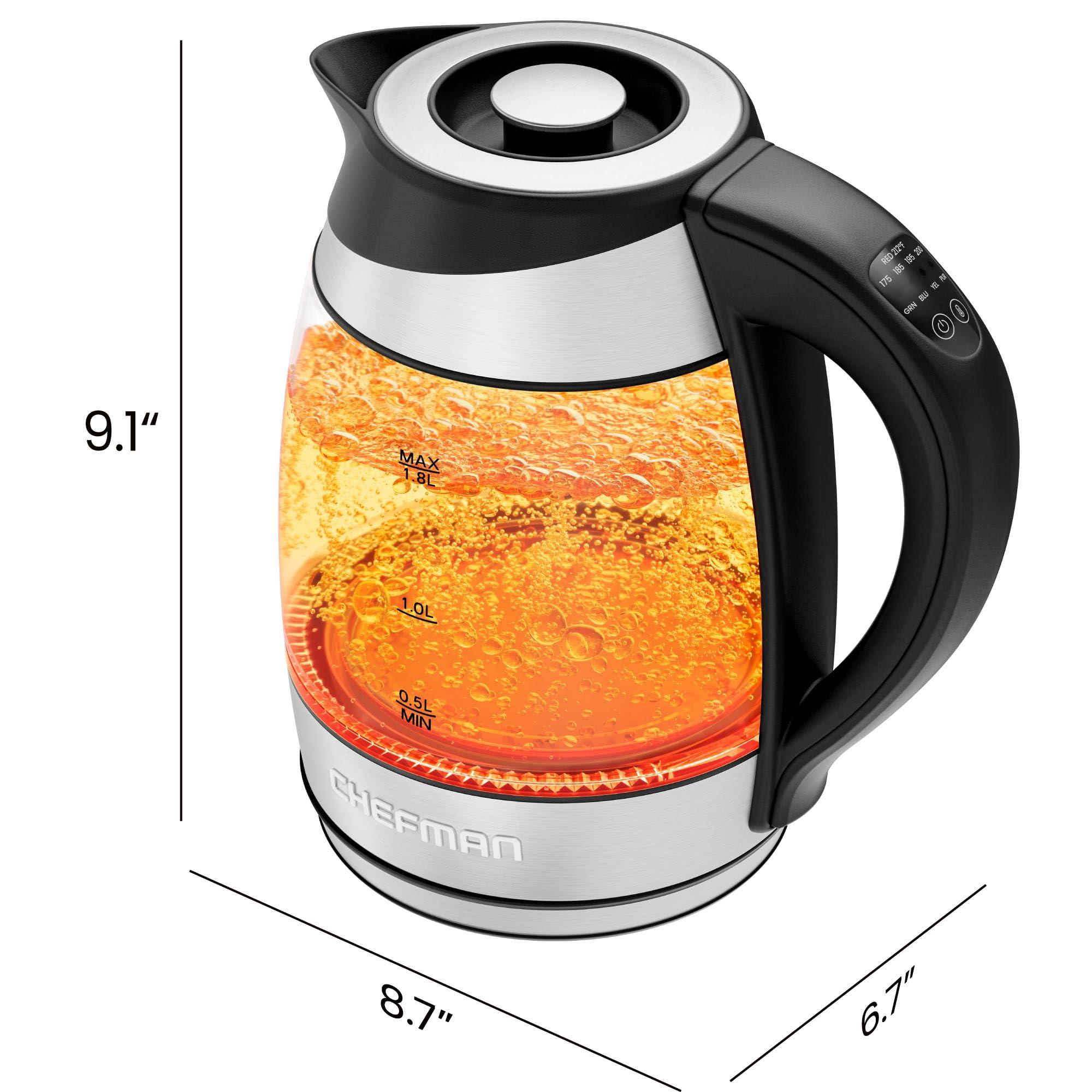 Chefman Electric Kettle with Temperature Control, 5 Presets LED Indicator Lights, Removable Tea Infuser, Glass Tea Kettle & Hot Water Boiler, 360° Swivel Base, BPA Free, Stainless Steel, 1.8 Liters - Image 2