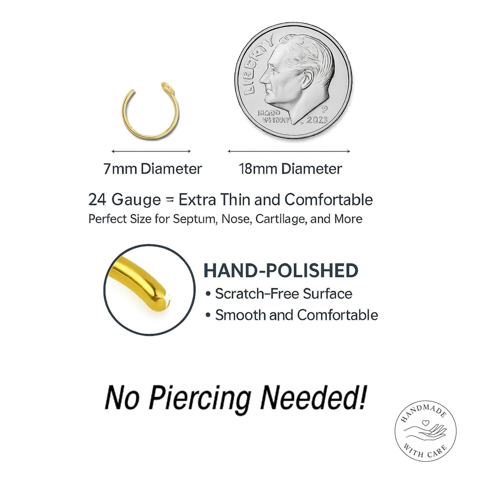 Fake Nose Ring Gold - Tiny & Thin 24 Gauge Faux Nose Hoop Piercings - Smooth 14k Gold Filled Clip On Nose Piercing Rings For Women - No Piercing Needed - Gift-Ready - Image 2