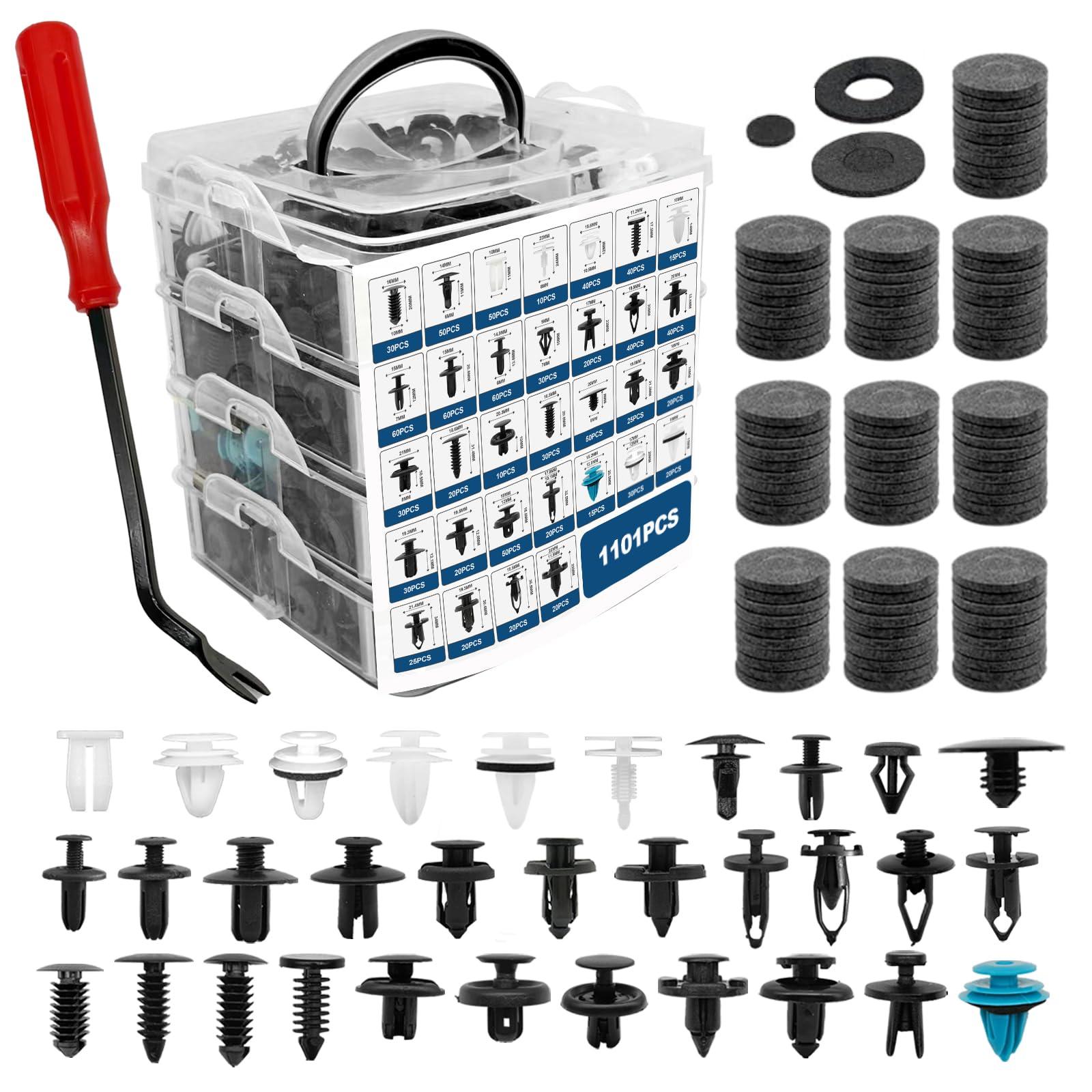 1101PCS Car Door Trim Panel Clips Kit, Car Retainer Clips Auto Push Pin Rivets Set - 32 Most Popular Sizes and 1 Pcs Fastener Remover Remover for GM Ford Mazda Chrysler Benz Subaru Toyota Honda