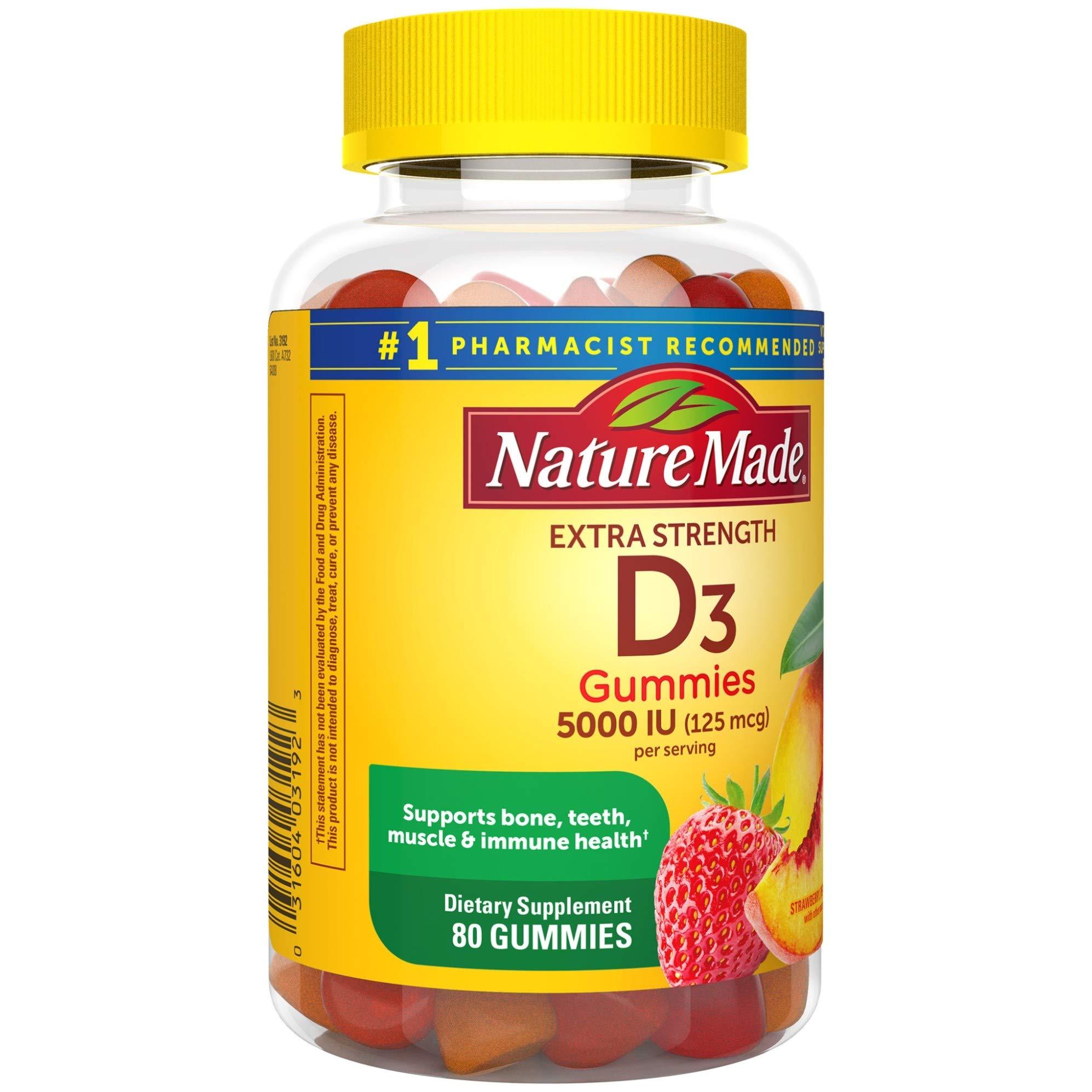 Nature Made Extra Strength Vitamin D3 5000 IU (125 mcg) per serving, Dietary Supplement for Bone, Teeth, Muscle and Immune Health Support, 80 Gummies, 40 Day Supply - Image 8