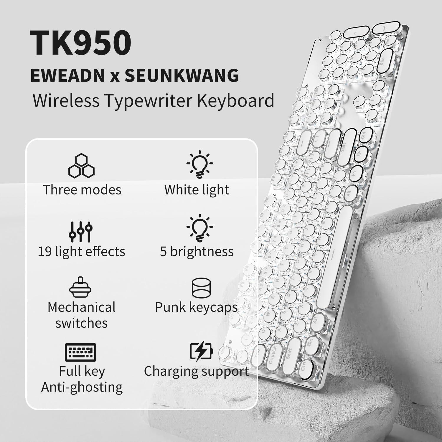 EWEADN TK950 Typewriter Keyboard Wireless Mechanical Keyboards, 104 Keys Aesthetic Typewriter Keyboard with White Backlit, Anti-Ghosting, Blue Switch Bluetooth/2.4GHz/Wired Cute keyboards-White - Image 8