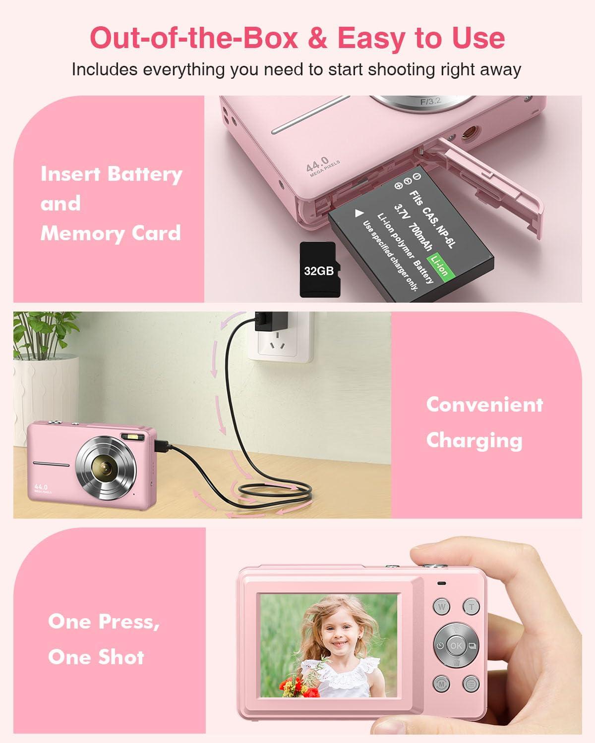 YAXTIFIU Digital Camera, 44MP FHD 1080P Camera for Kids with 32GB Card, Point and Shoot Digital Camera for Teens with 16X Zoom, Portable Kids Camera Gifts for Girls Boys Student Children(Pink) - Image 5
