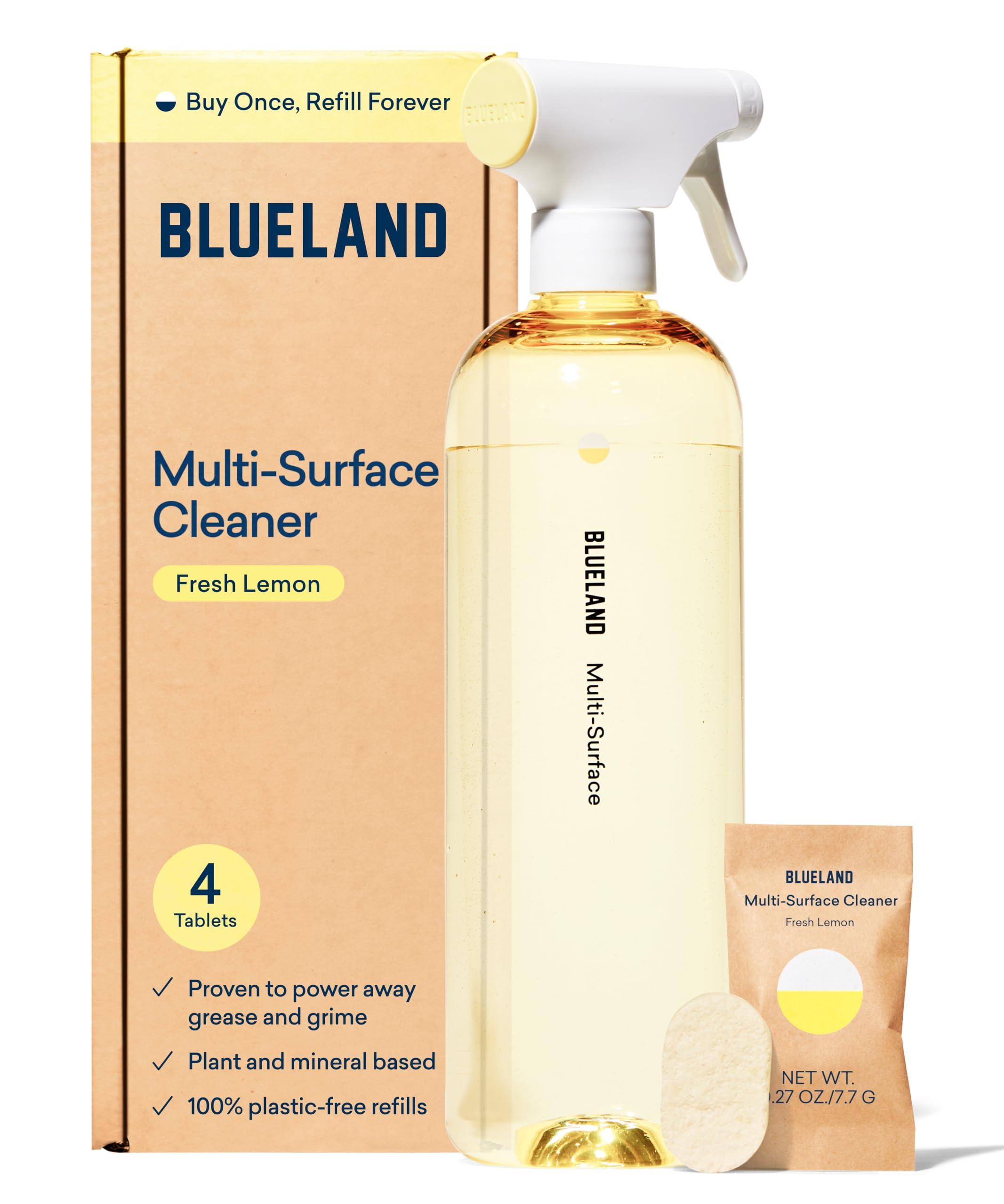 BLUELAND Multi-surface Cleaner, Starter Set, Fresh Lemon Scent, Spray Bottle with 4 Refill Tablets, All-Purpose, Eco-Friendly Cleaning Supplies, 4 x 24 Fl oz