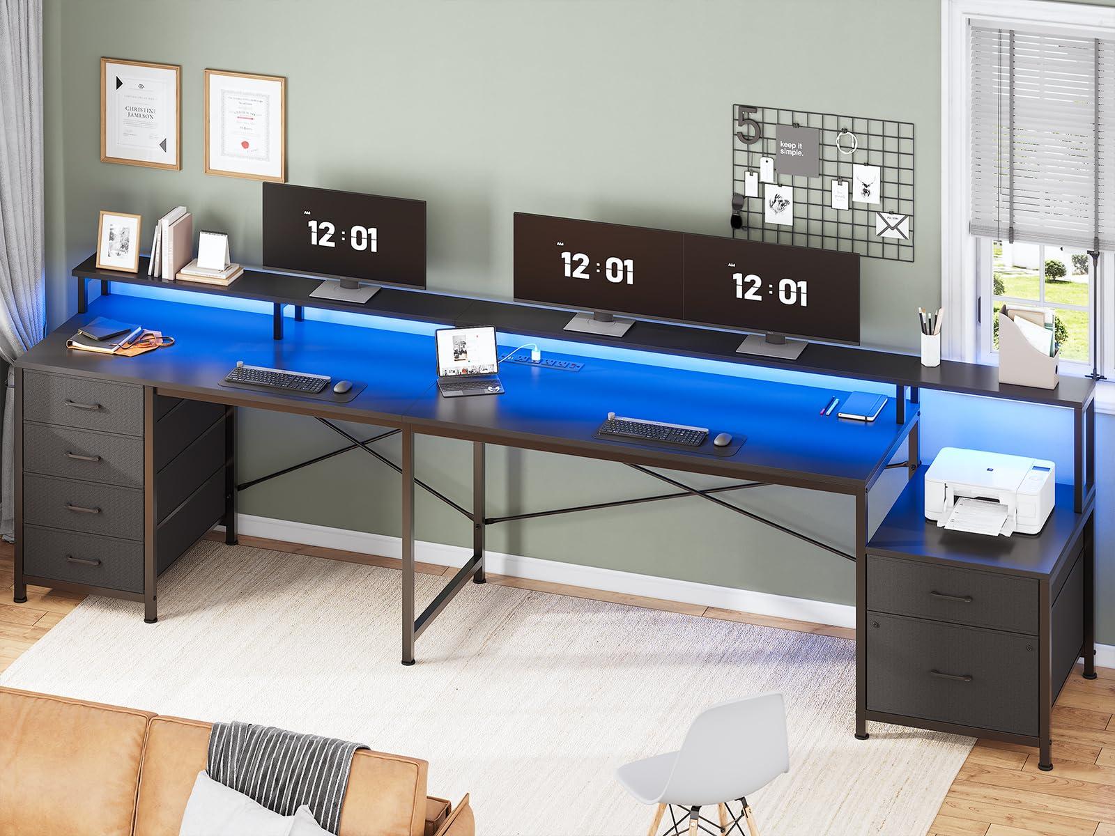 SEDETA L Shaped Desk with 6 Drawer, 108" Home Office Desk with File Drawer & Power Outlet, Corner Computer Desk with Monitor Shelf, File Cabinet, Two Person Desk, Gaming Desk with Led Lights, Black - Image 7