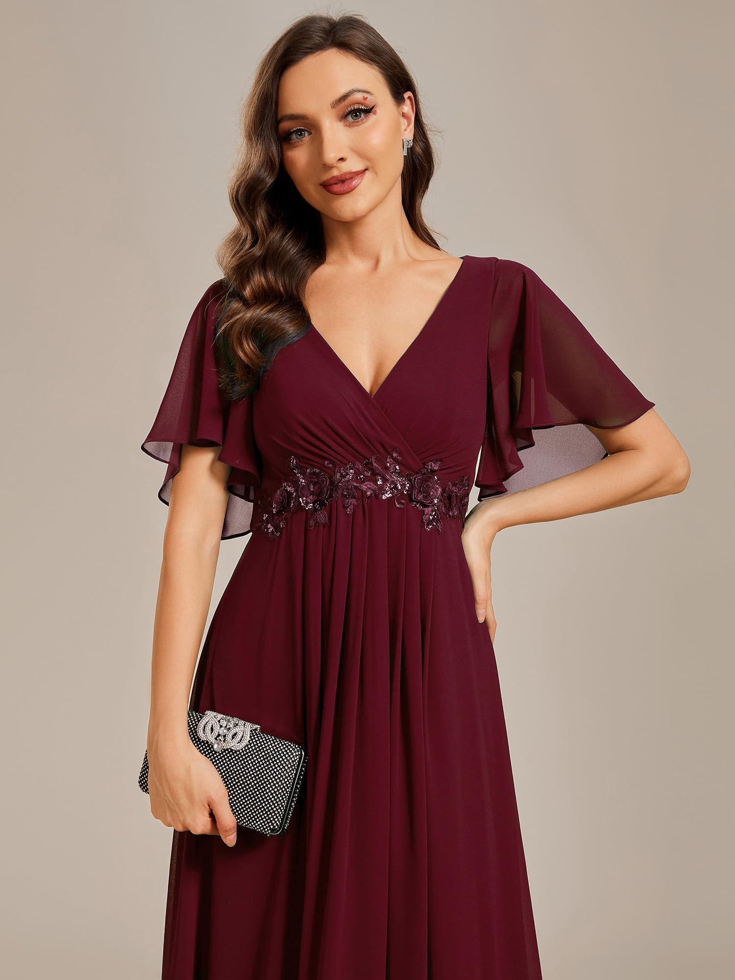Ever-Pretty Women's Chiffon A-Line Ruched Short Sleeves Applique Waist V Neck Formal Dresses and Evening Gowns - Image 5