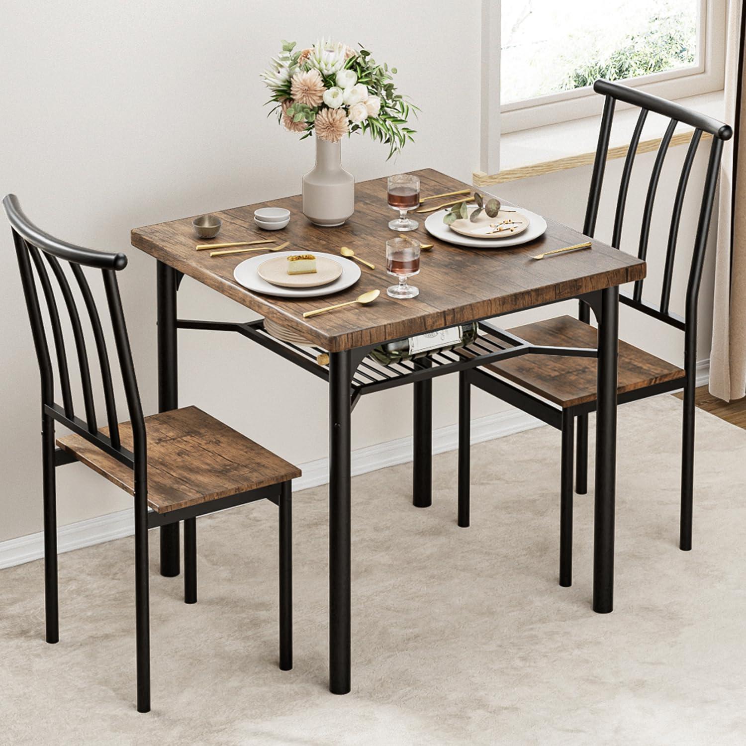 GAOMON Dining Table Set for 2, Kitchen Table and Chairs for 2 with Wine Rack, Dining Room Table Set with 2 Wood and Metal Chairs, Square Kitchen Table Set for Small Space, Apartment, Rustic Brown - Image 3