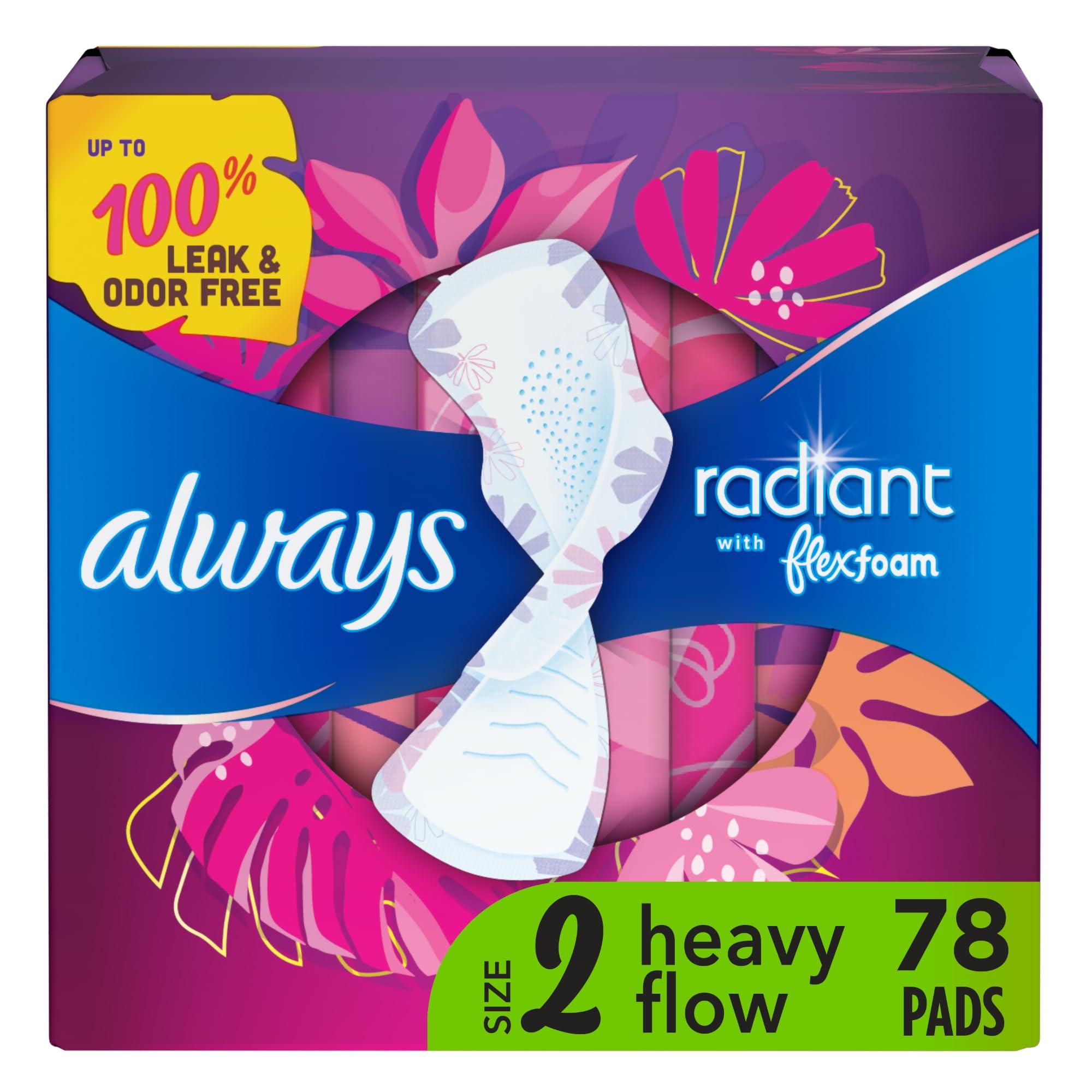 Always Radiant Feminine Pads for Women, Flexfoam Pads with Wings, Size 2, Heavy Absorbency, Lightly Scented, 26 Count x 3 Packs (78 Count total) (Packaging May Vary)