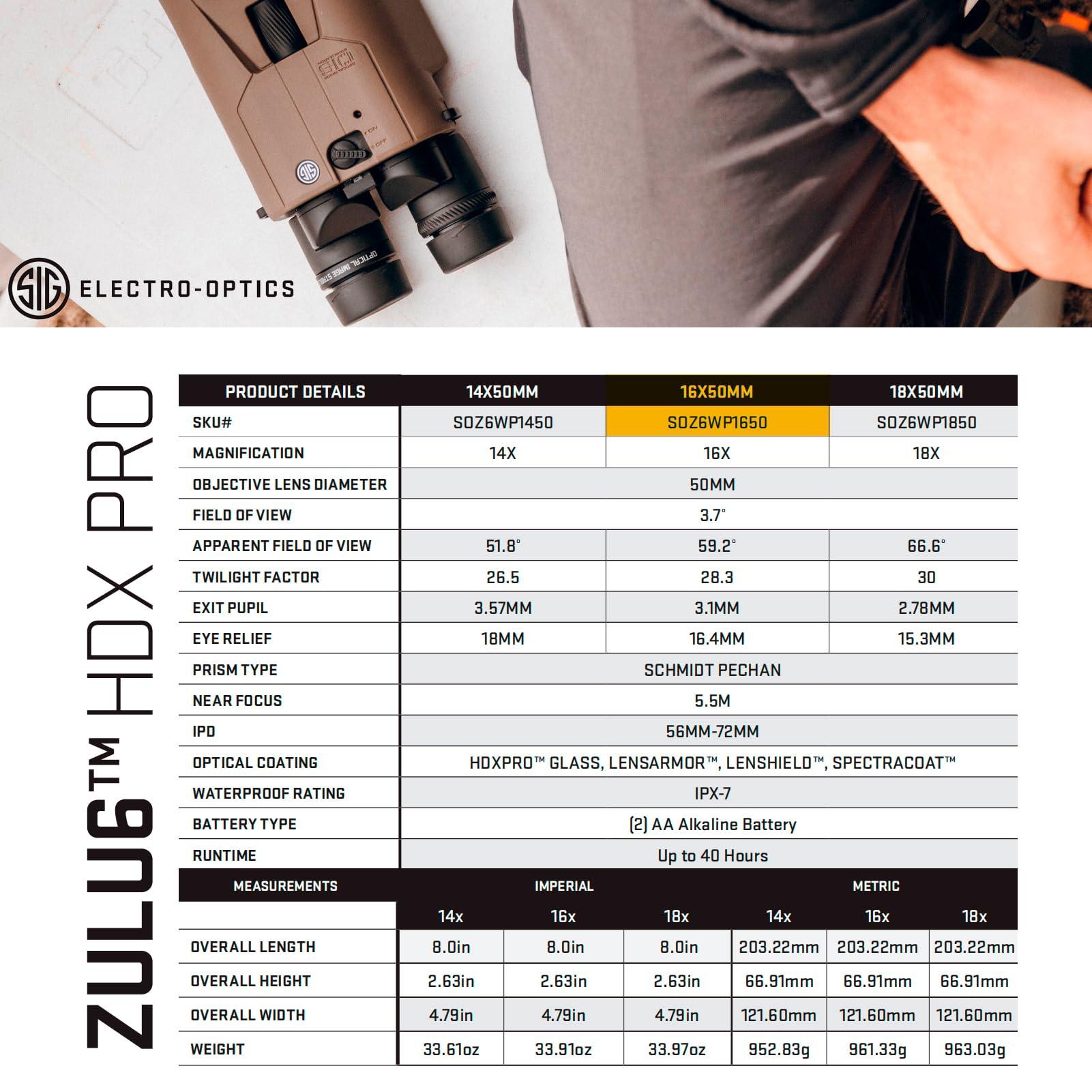 SIG SAUER ZULU6 HDX PRO 18x50mm Waterproof Fogproof Durable FDE Image Stabilized Hunting Binoculars, Multicoated Anti-Glare Lenses, Up to 40 Hours Runtine, Carrying Case & Carrying Strap Included - Image 7