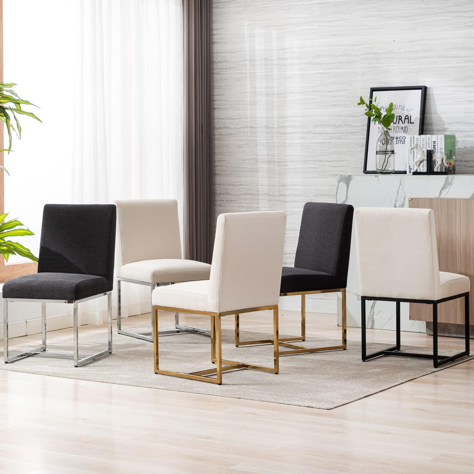 HNY Kitchen & Dining Room Chairs Set of 2, Linen Fabric Mid Century Modern Dining Chairs, Upholstered Dining Chairs with Black Finish Metal Frame, Cream, 2 PC - Image 7