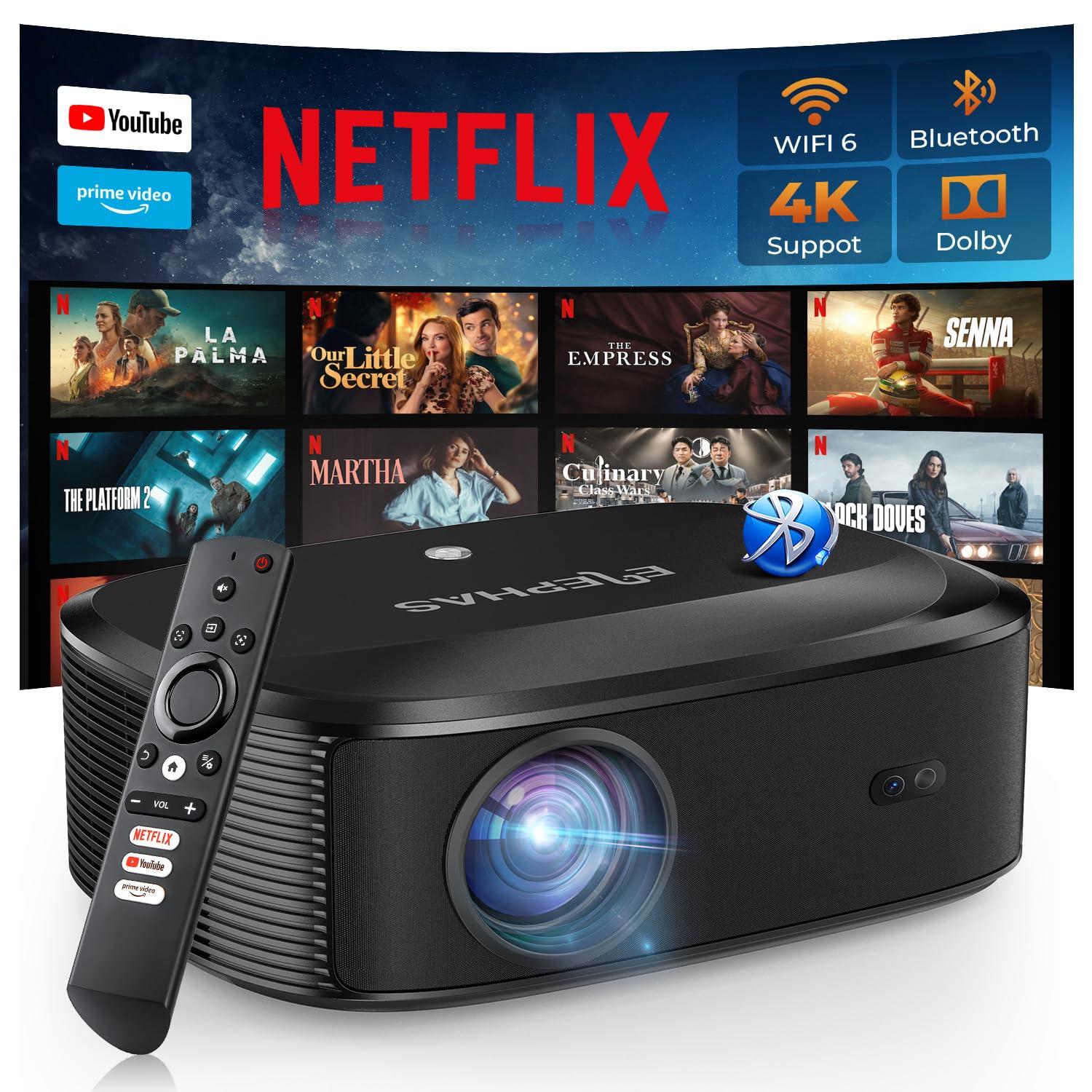 4K Projector with Wifi and Bluetooth, ELEPHAS Outdoor Movie Projector with NETFLIX/Prime Video/YouTube Built-in, 100,000+ Apps Supported, Video Projector Compatible with HDMI/USB/iOS/Android/Windows