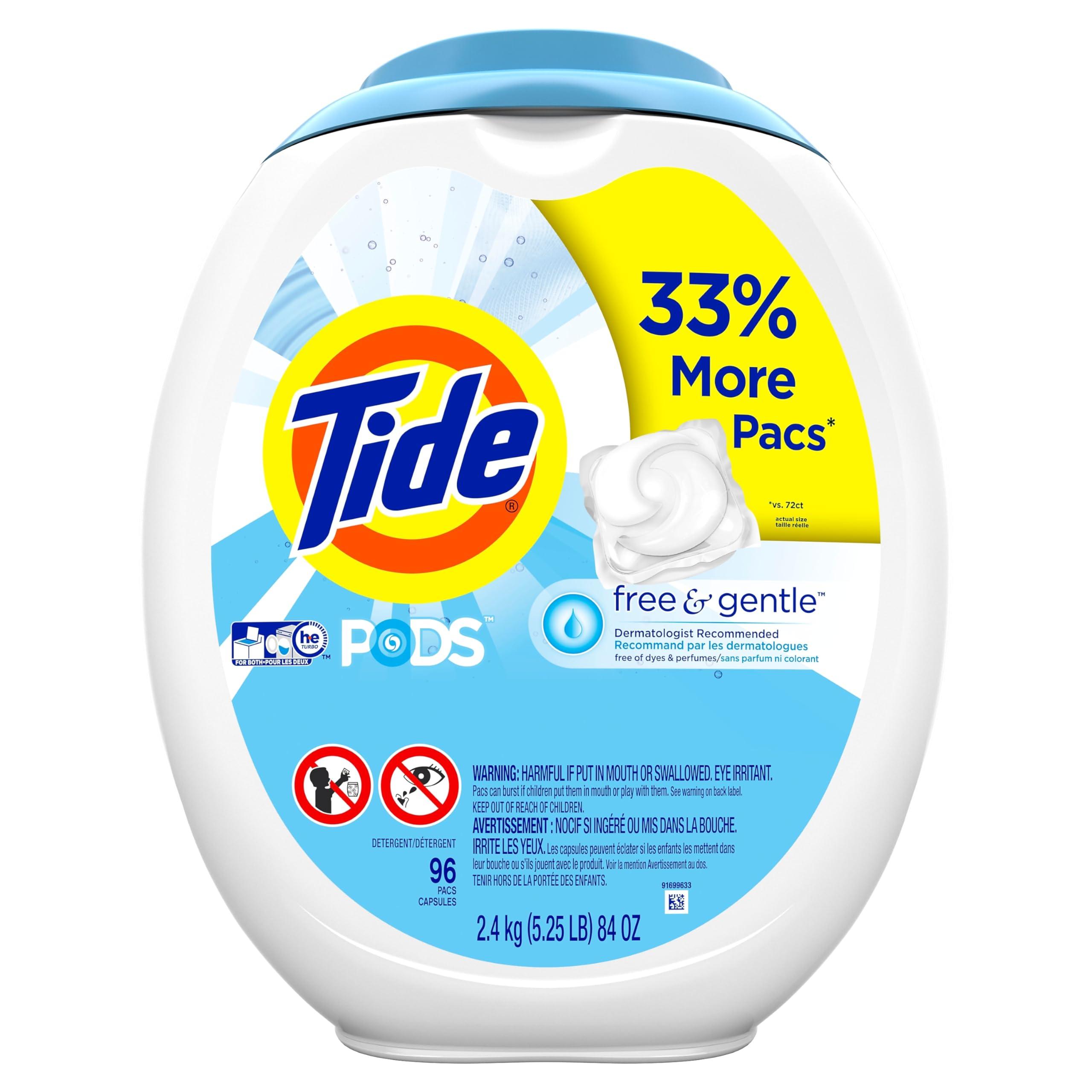 Tide PODS Free and Gentle, Laundry Detergent Soap PODS, HE, 96 Count - Unscented and Hypoallergenic for Sensitive Skin, Free and Clear of Dyes and Perfumes