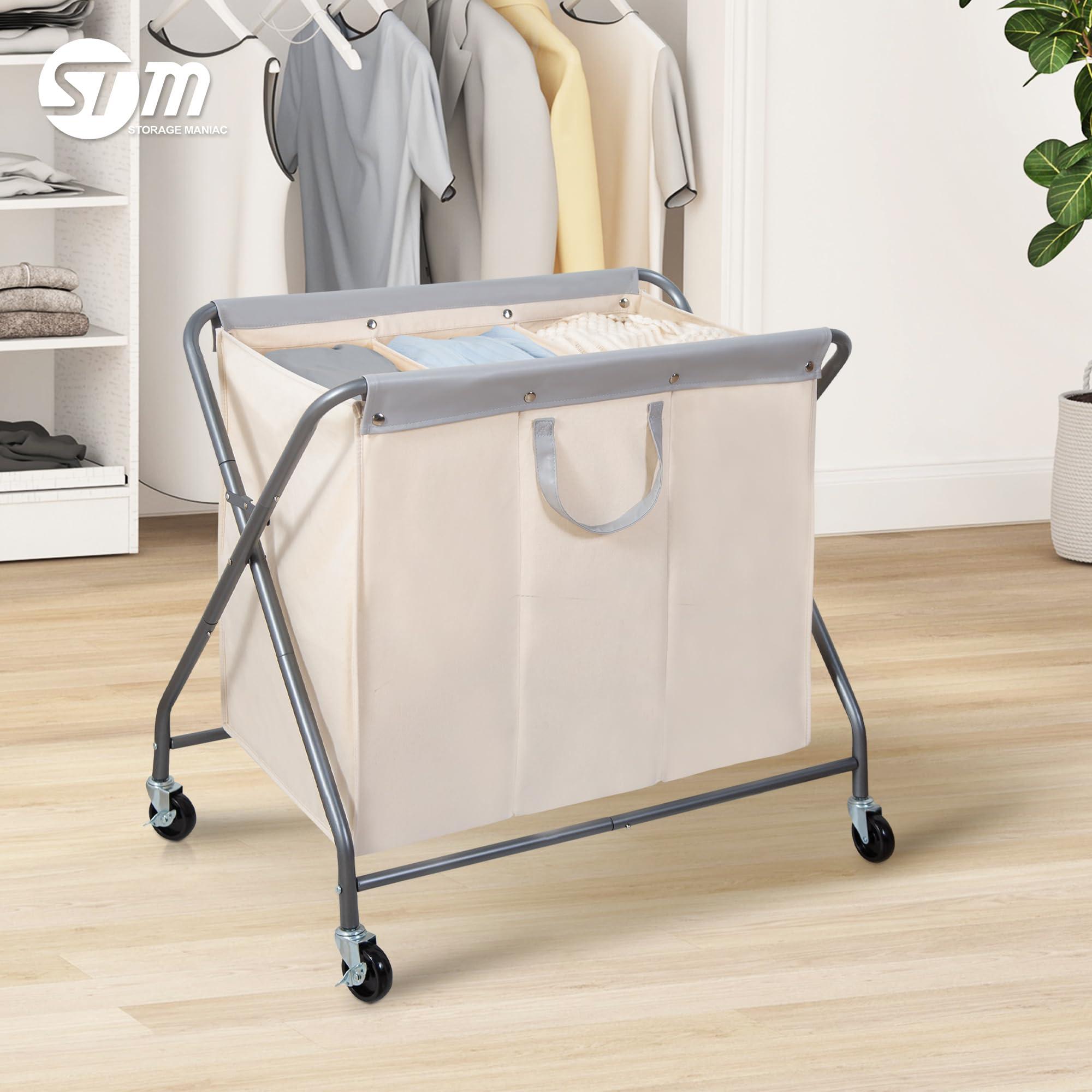 STORAGE MANIAC 160L Collapsible Laundry Hamper with Wheels, Rolling Laundry Basket, Heavy Duty Laundry Sorter with Removable Bag, Folding X Frame Laundry Organizer Cart for Easy to Store, 3 Section - Image 8