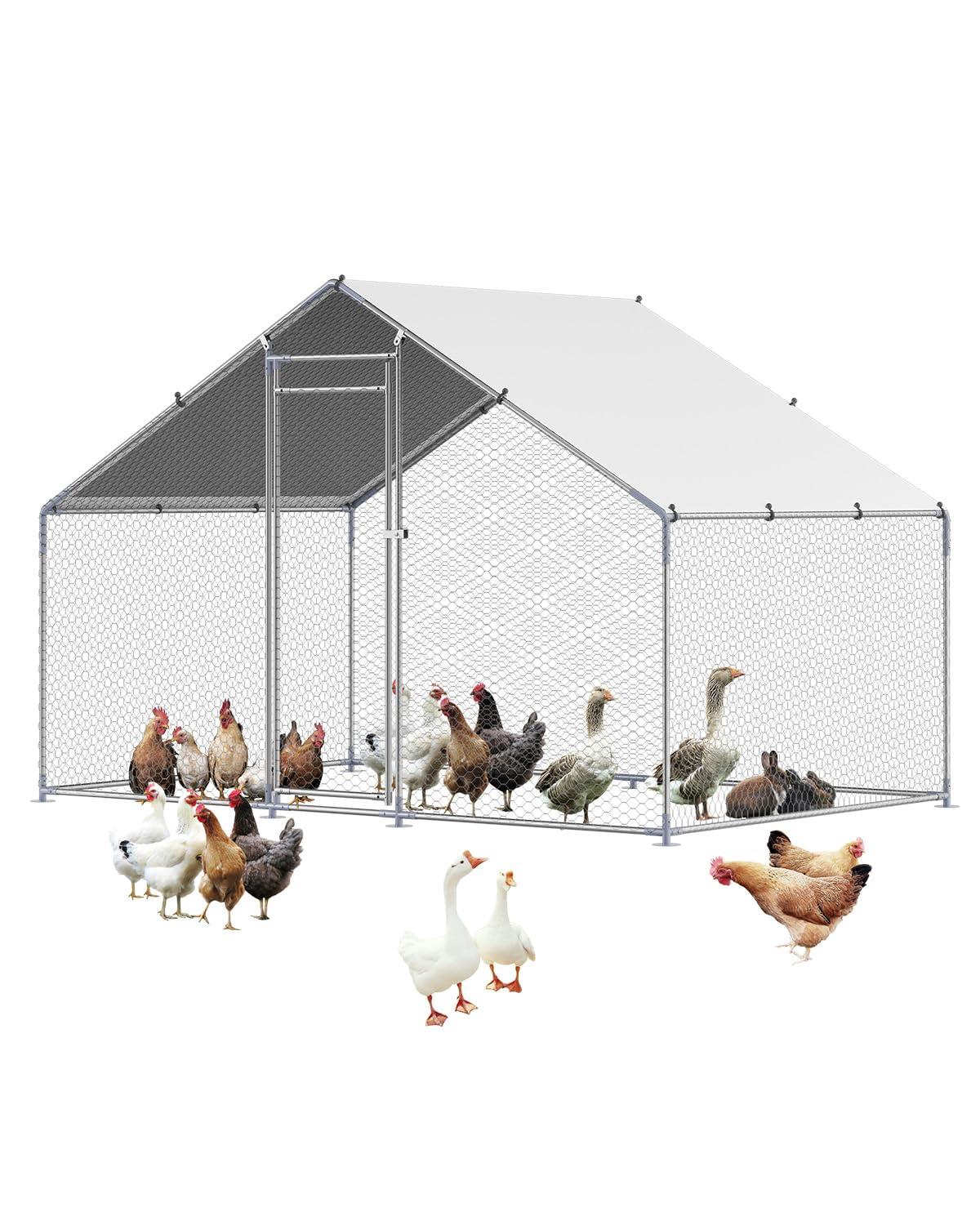 VEVOR Large Metal Chicken Coop with Run, Walkin Chicken Coop for Yard with Waterproof Cover, 6.5 x 9.8 x 6.5 ft, Spire Roof Large Poultry Cage for Hen House, Duck Coop and Rabbit Run