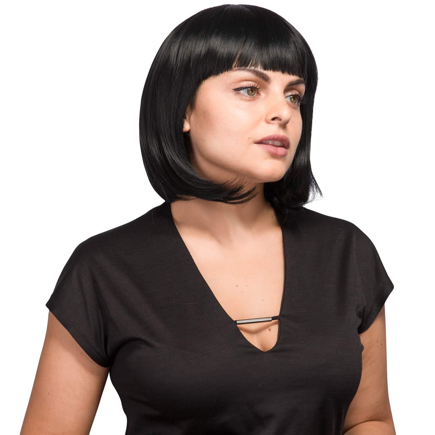 AGPTEK 13 Inches Straight Heat Resistant Short Bob Hair Wigs with Flat Bangs for Women Cosplay Daily Party - Black - Image 2