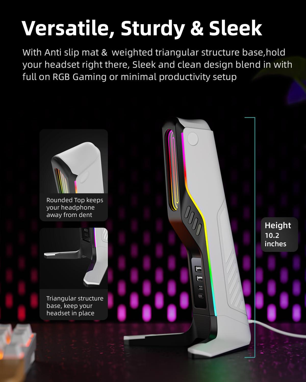 IFYOO RGB Gaming Headset Stand with 2 USB and 1 Type-C Ports, Game Headphone Mount for PC Computer, Xbox One, Xbox Series S/X, PS5, PS4, Earphone Holder Hanger, Desk Gamer Accessories, Black&White - Image 6
