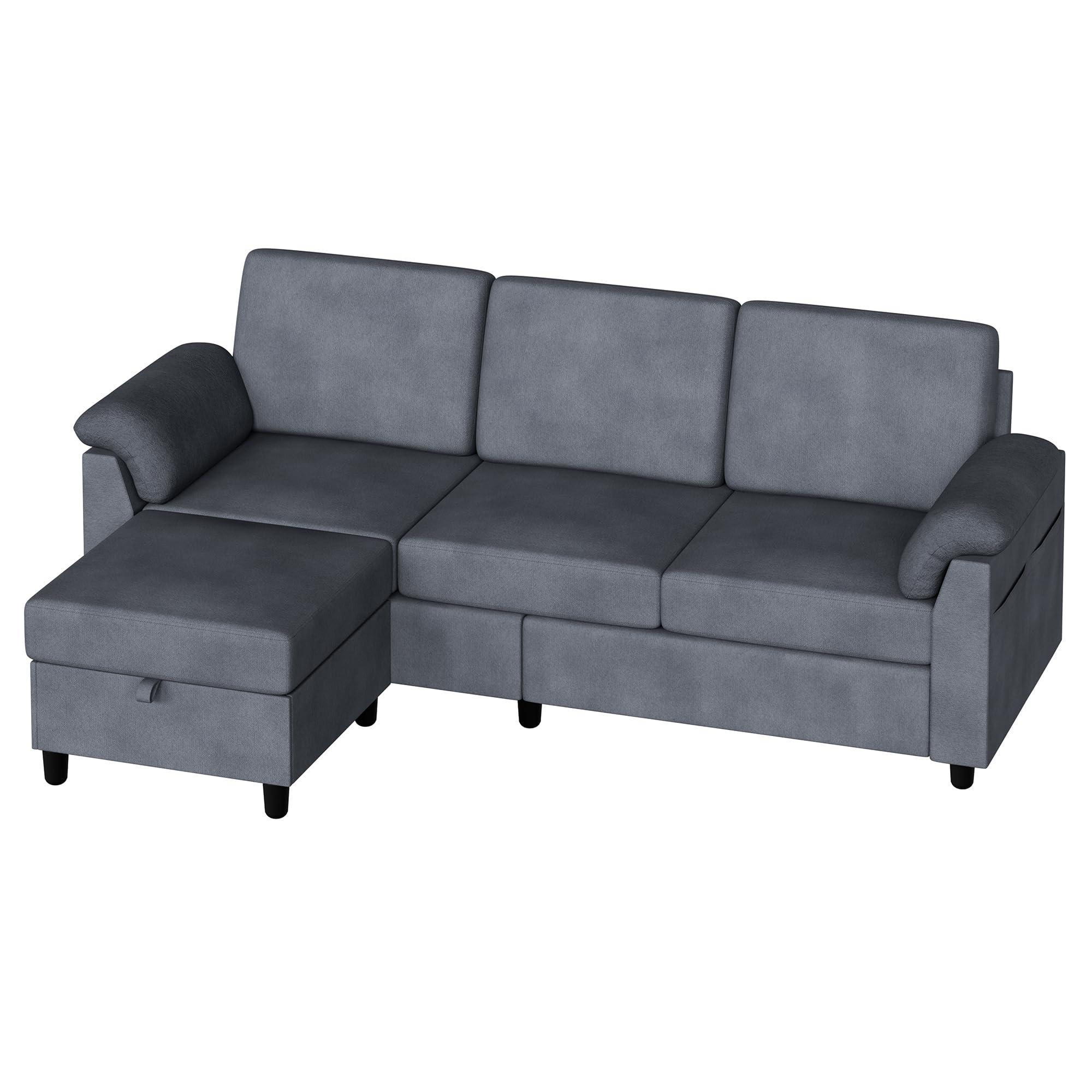 Vongrasig 79" Convertible Sectional Couch Sofa with Storage Ottoman, 3 Seat L Shaped Couch with Side Storage Pockage, Linen Fabric Small Couches for Living Room, Apartment and Small Space, Gre - Image 7