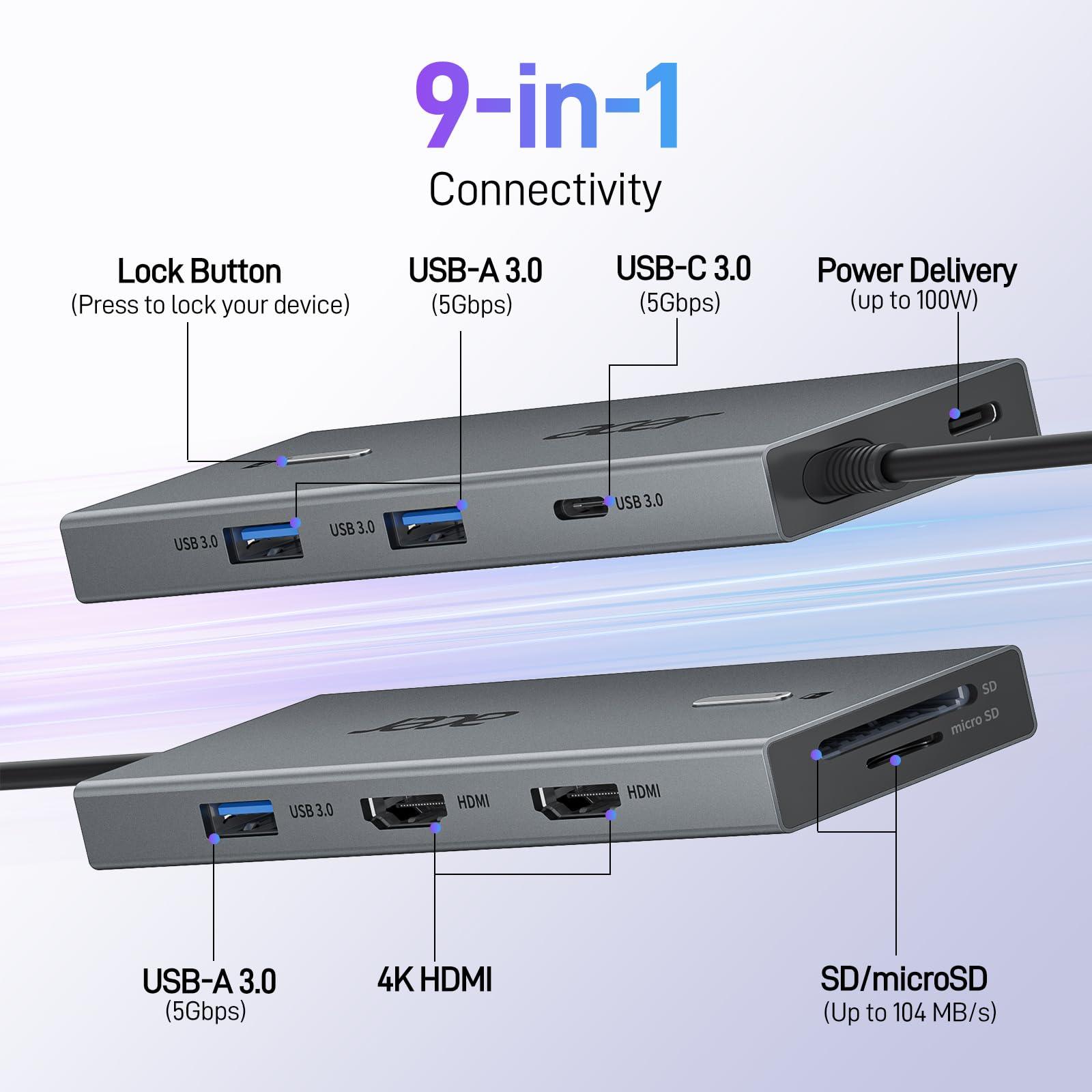 Acer USB C Docking Station Dual HDMI Monitor, Laptop Multiport Adapter with 4K HDMI, USB A&C 3.0 Ports, SD/Micro SD, 100W PD Charging, USBC Dock Compatible with Mac/Acer/Dell XPS/HP/Surface etc - Image 2