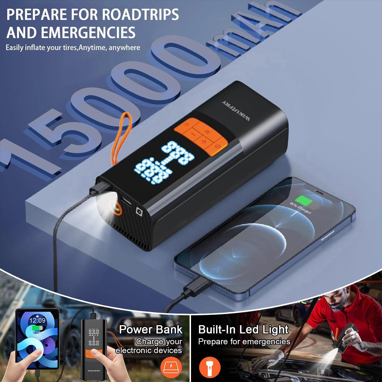 Tire Inflator Portable Air Compressor, 15000mAh and 150PSI Car Tire Pump with Pressure Display for Cars, Motorcycles, Bicycles, Ball Bikes with Tire Pressure Gauge, Dual-Use Type - Image 6