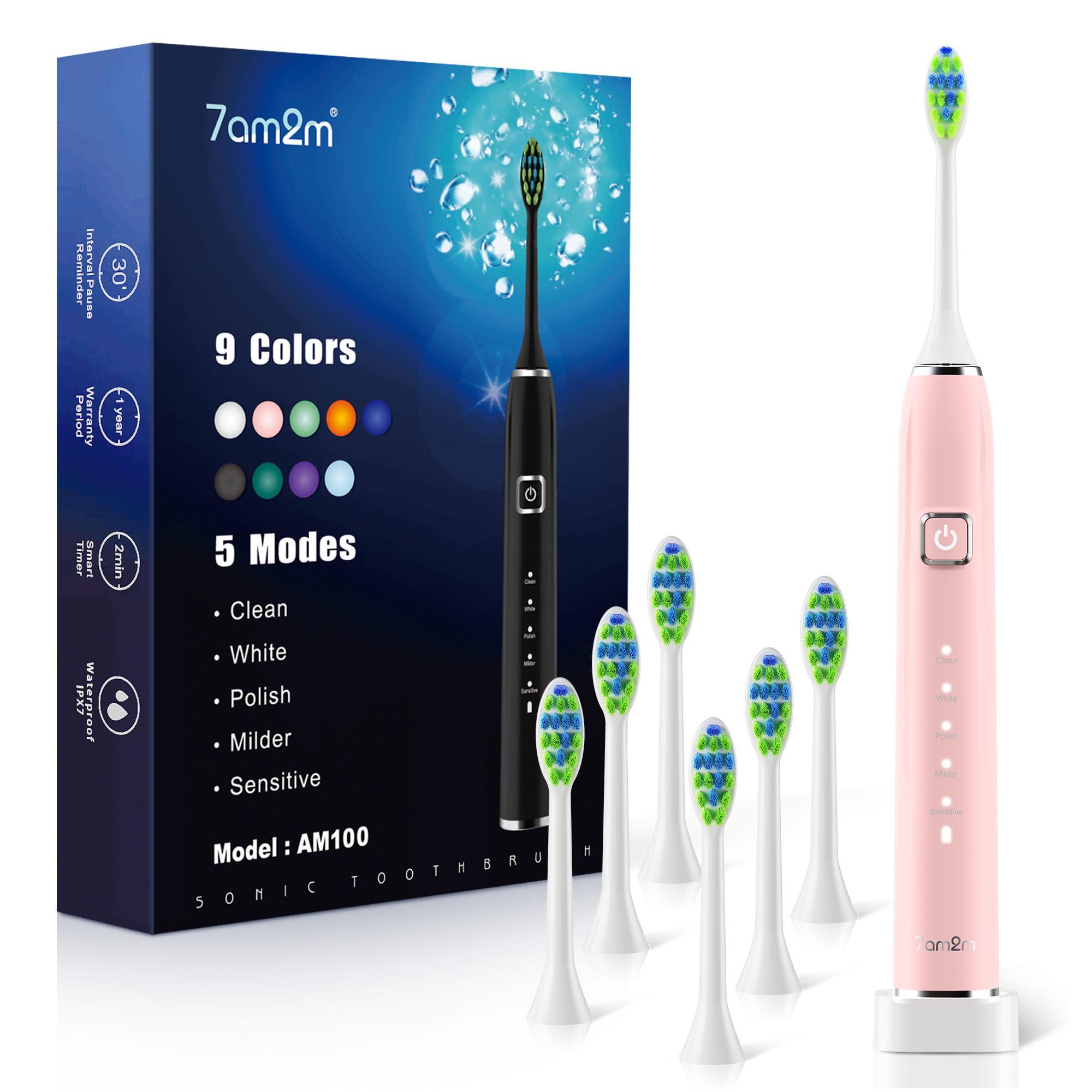7AM2M Sonic Electric Toothbrush with 6 Brush Heads for Adults&Kids, One Charge for 120 Days, Wireless Fast Charge, 5 Modes, 40000VPM Powered Toothbrush, 2 Minutes Built in Smart Timer (Rose Pink)