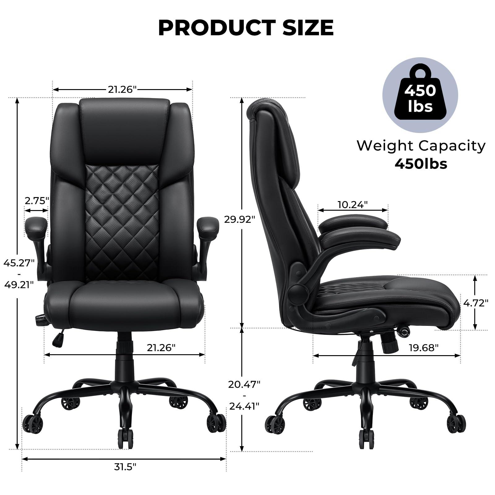 Big and Tall Office Chair 450lbs Heavy Duty Ergonomic Executive Desk Chair with Adjustable Lumbar Support High Back Home Computer Leather Chair with Padded Flip-up Arms for Heavy People Black - Image 3