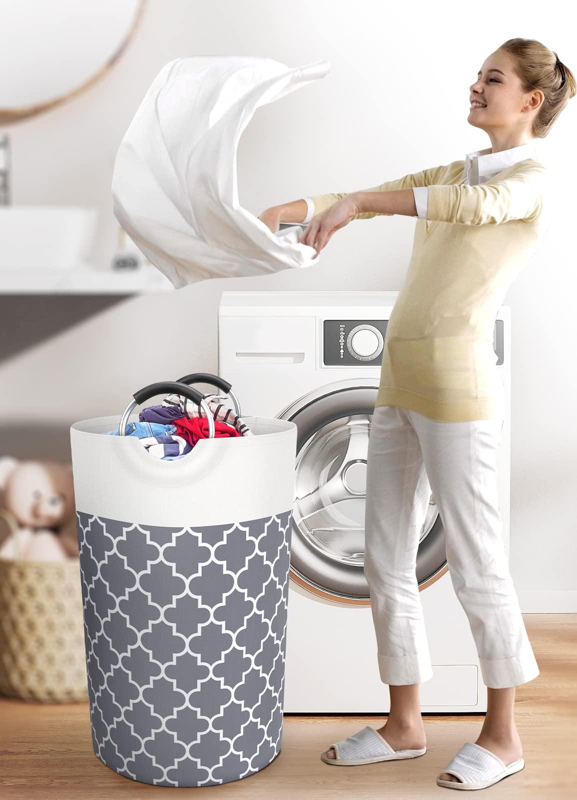 Fabspace Large Laundry Basket Laundry Hamper Bag Washing Bin Clothes Bag Collapsible Tall with Handles Waterproof Travel Bathroom College Essentials Storage for College Dorm, Family (Grey) 82L - Image 2