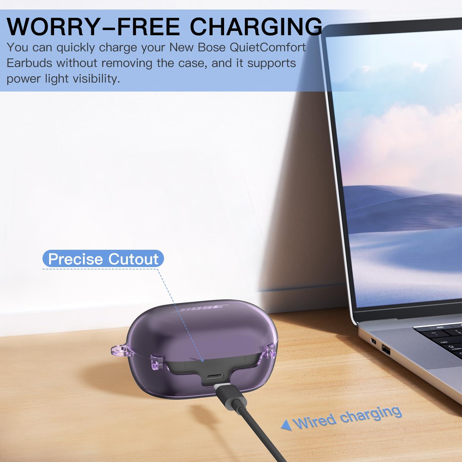 Secure Lock Case for New Bose QuietComfort Earbuds Case(2024), Clear TPU Shockproof Protective Cover for Bose QuietComfort Earbuds 2024 with Cleaning Kit& Keychain&Lanyard (Clear Purple) - Image 3