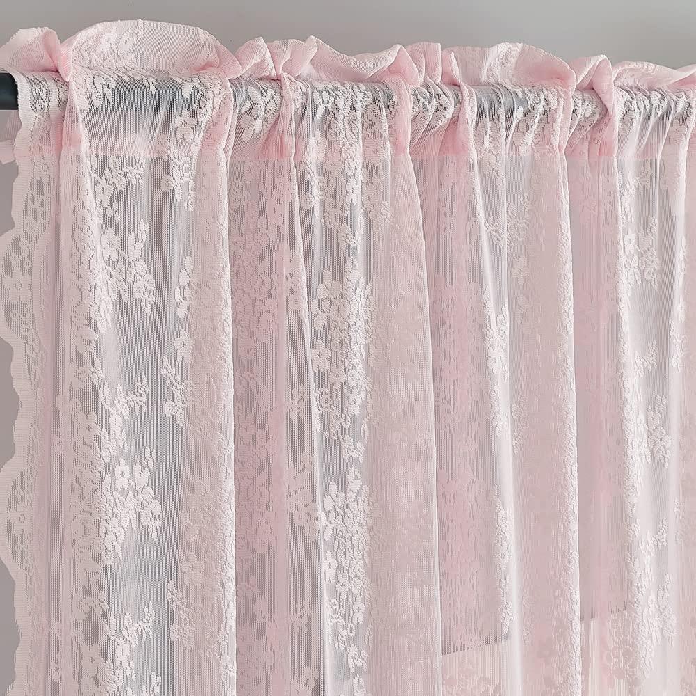 YJ YANJUN Sheer Pink Curtains for Girls Bedroom Vintage Light Pink Floral Lace Curtains Short Window Curtains 63 inch Length Princess Room Girls Room Valentine's Decor 2 Panels 52 x63 Inch - Image 4